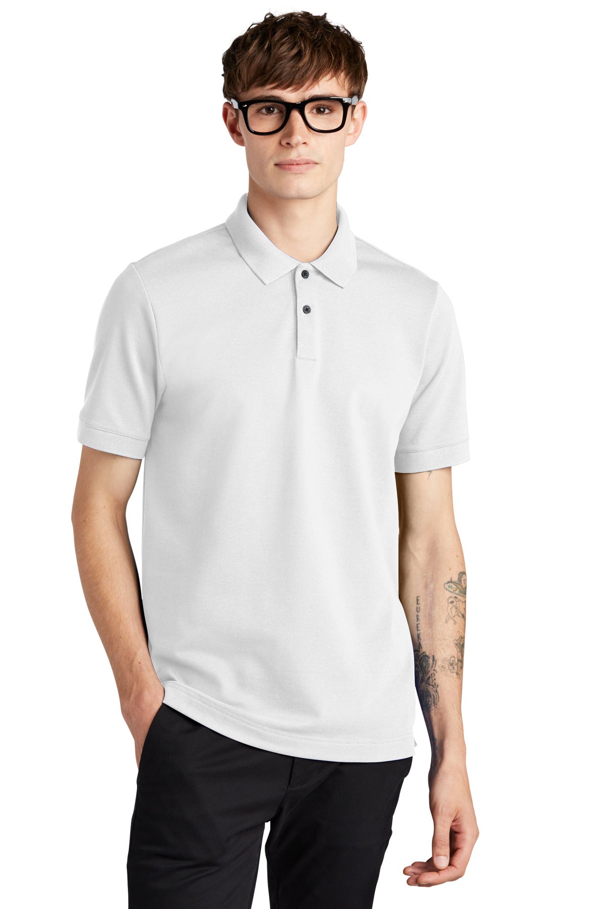 White Mercer+Mettle Stretch Heavyweight Pique Polo MM1000 worn by a model, front view showing classic polo collar and fit.