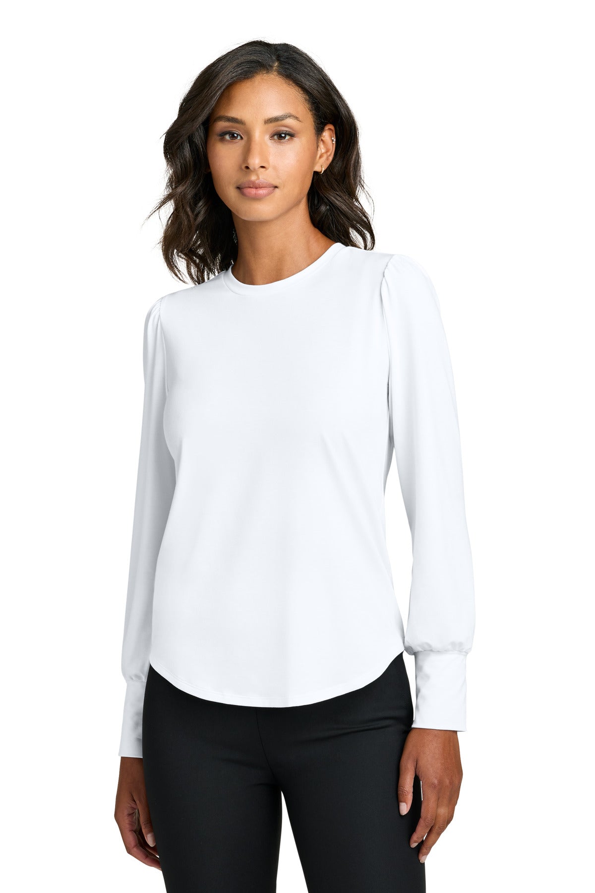 White Mercer+Mettle women's stretch jersey long sleeve blouson top worn by a model, front view highlighting fit and style.