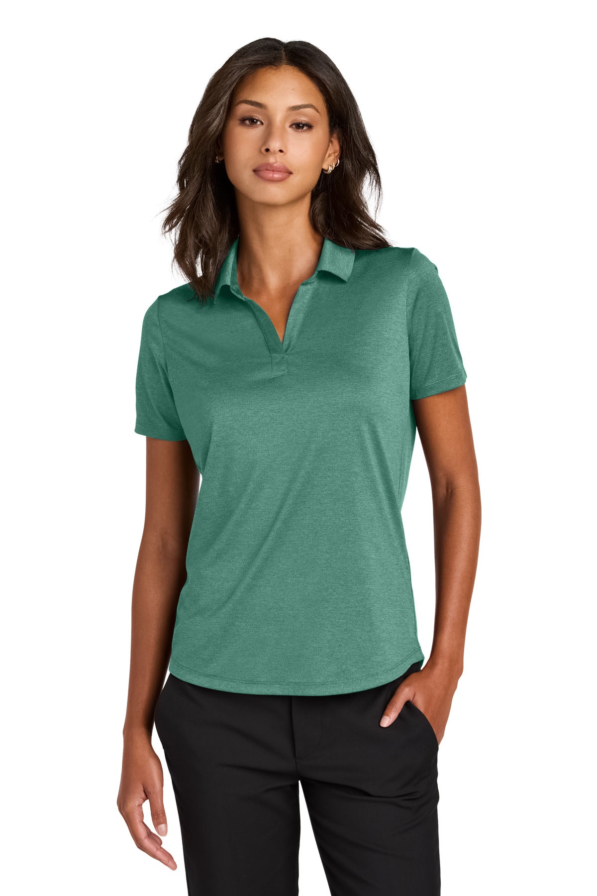 Mercer+Mettle women's Recharge Jersey Polo in sage heather, shown from the front, featuring a classic collar and short sleeves.