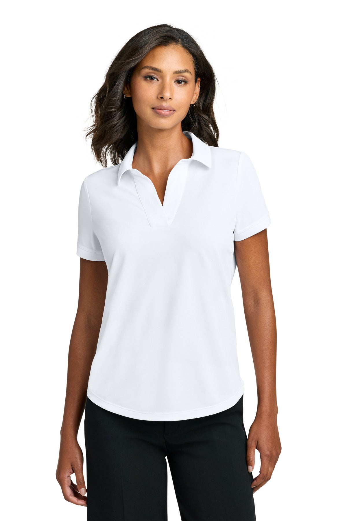 White Mercer+Mettle women's performance polo shirt, front view featuring a classic fit and breathable fabric for everyday wear.