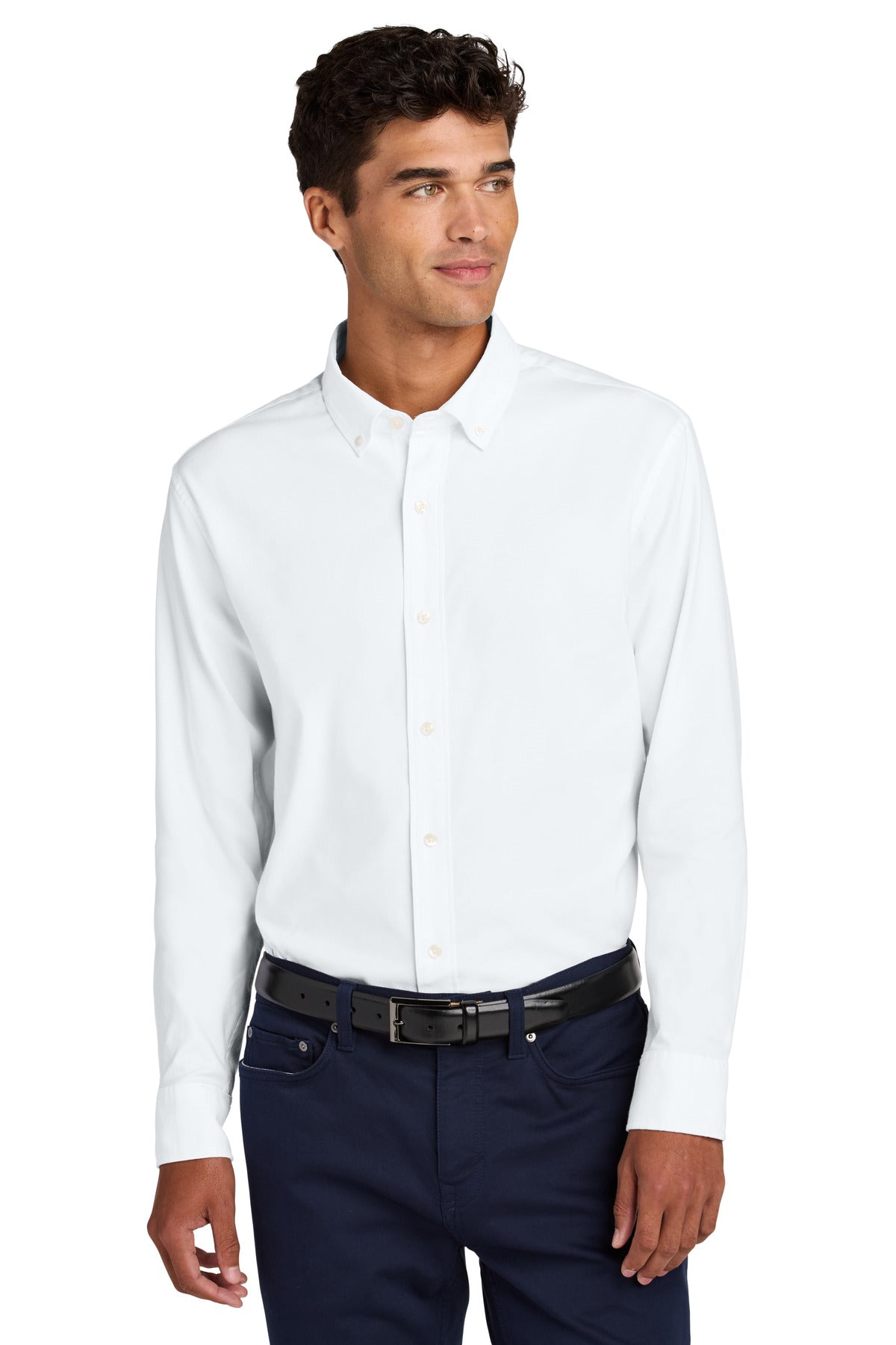 White Mercer+Mettle Long Sleeve Modern Oxford Shirt MM2002 worn by a model, front view showing classic collar and button-down design.