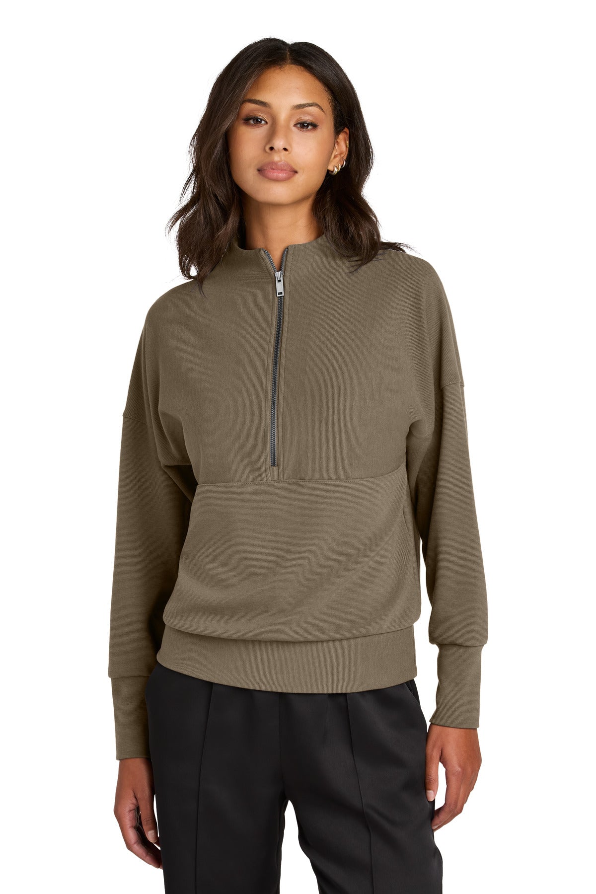 Mercer+Mettle women's Linear Texture 1/4-Zip top in warm taupe, front view showcasing textured fabric and fitted style.