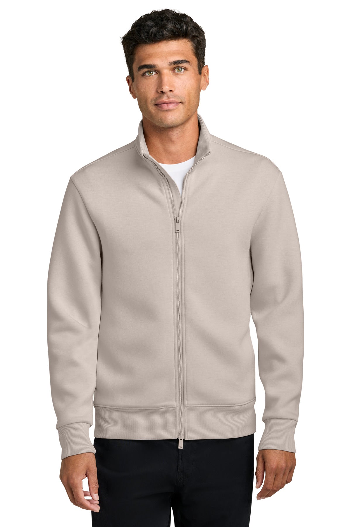 Mercer+Mettle Soft Spacer Full-Zip jacket in warm quartz color, front view worn by a model.