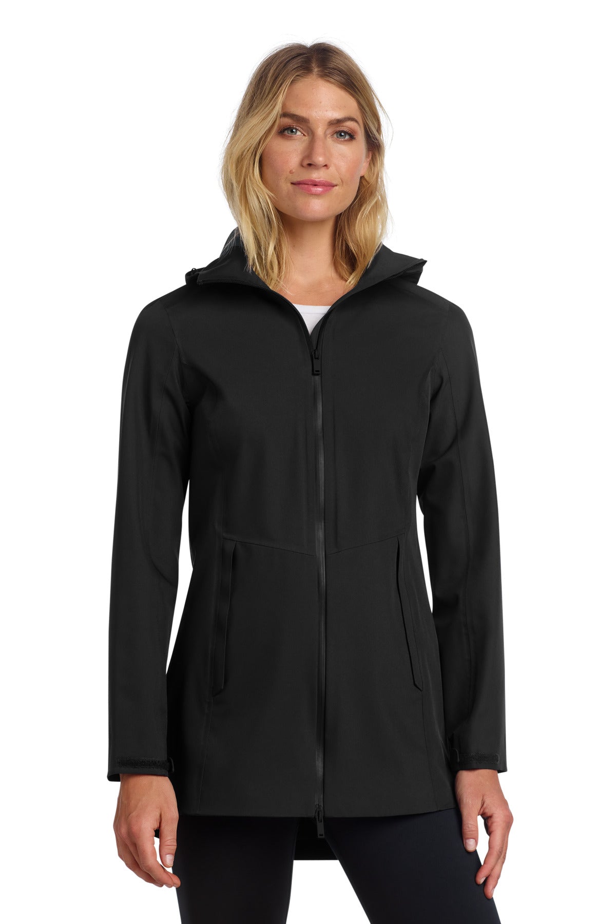Mercer+Mettle Women's Waterproof Rain Shell in deep black, front view showing lightweight, weather-resistant rain jacket.