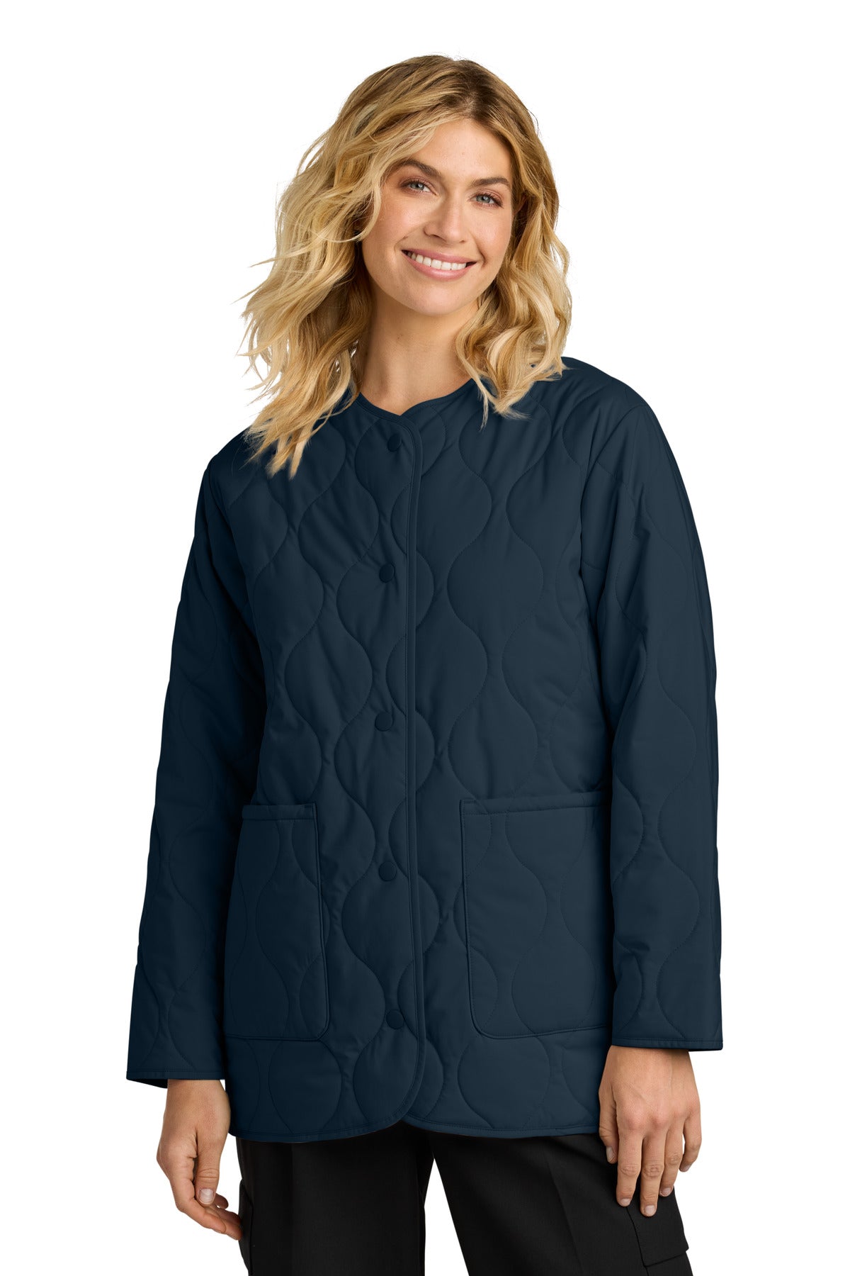 Mercer+Mettle Women's Quilted Liner Jacket in night navy, front view on model, showcasing lightweight, insulated design.