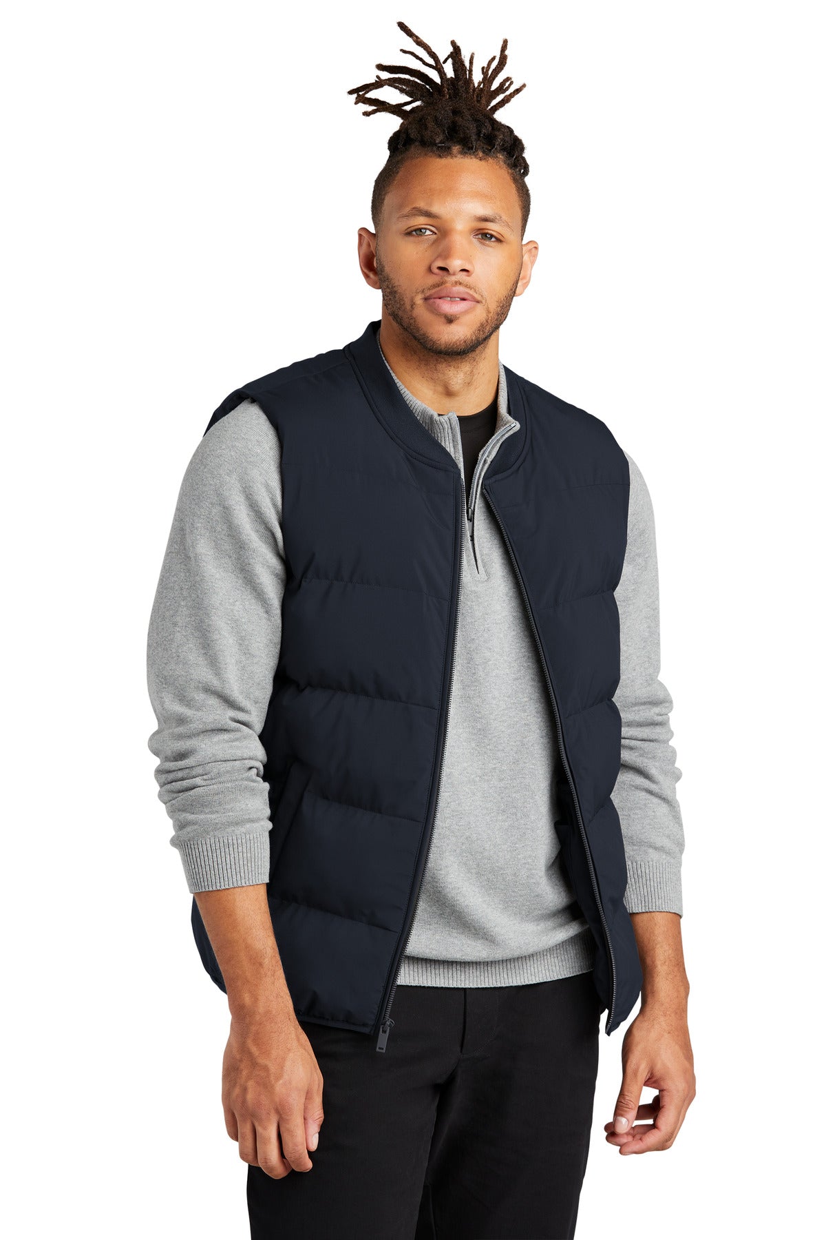 Mercer+Mettle Puffy Vest MM7214 in night navy, front view worn by a model, showcasing the insulated, quilted design.