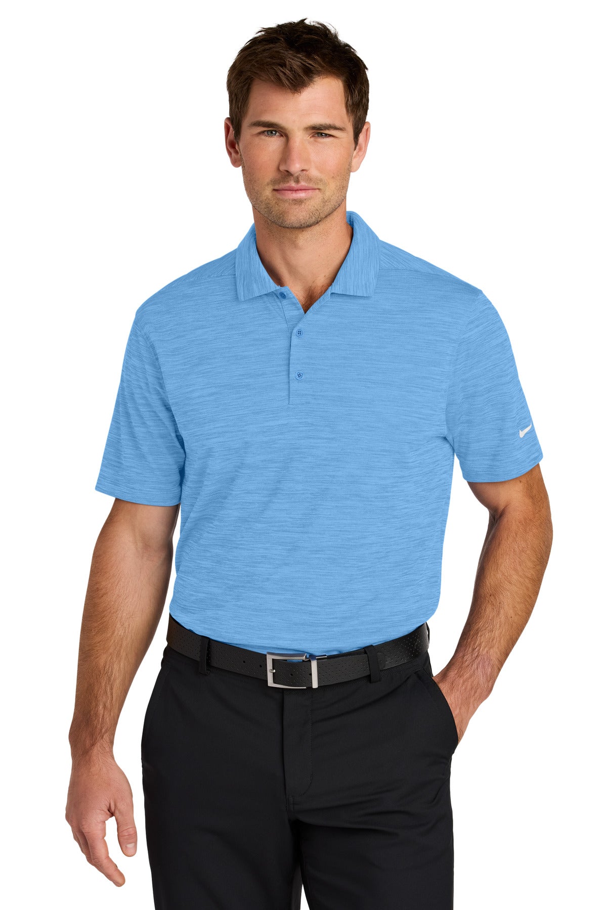 Nike Dri-FIT Striated Polo in university blue, front view showing breathable fabric and sporty fit.