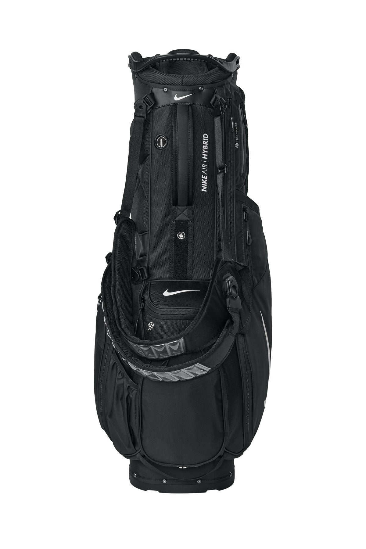 Nike Air Hybrid 2 golf bag in black, front view showing multiple compartments and sturdy design for golf clubs.