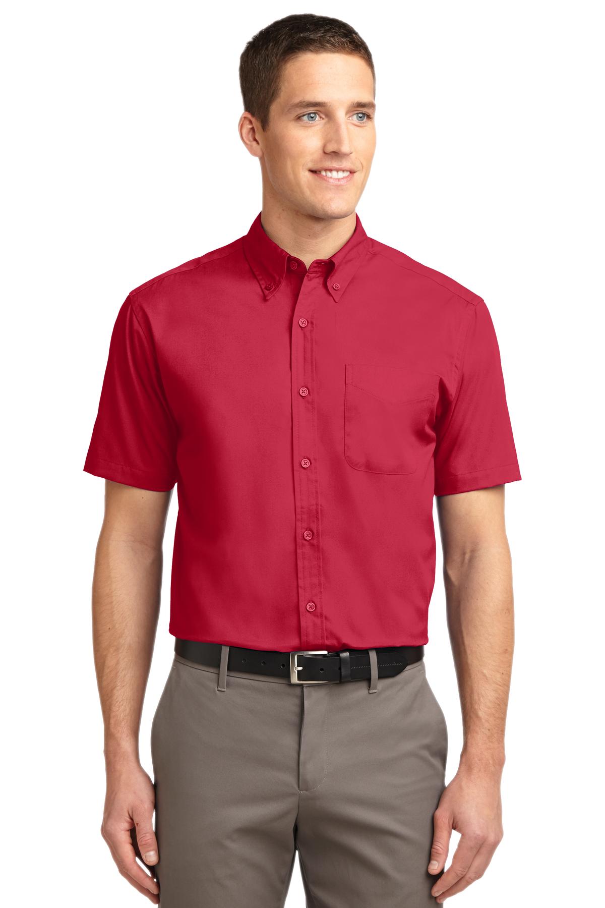 Red Port Authority CHRP short sleeve dress shirt on a model, front view showing collar and button details.