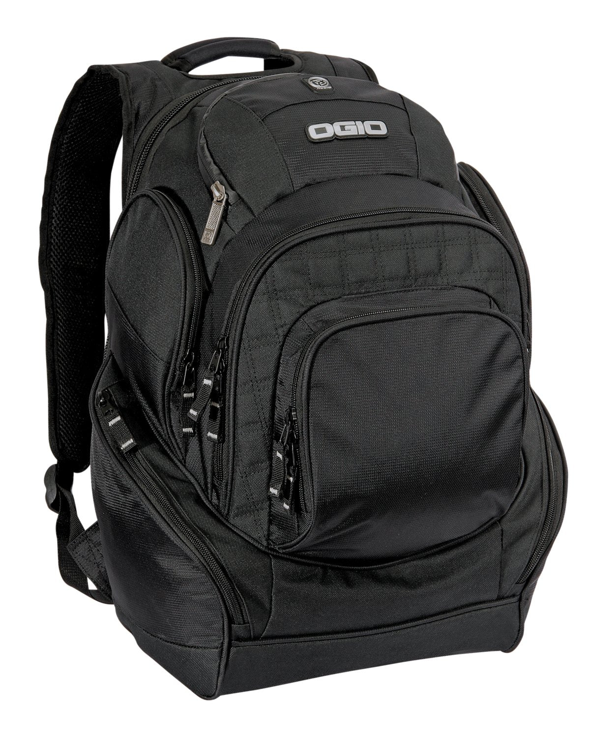 Black OGIO Mastermind Pack backpack with multiple compartments and padded shoulder straps, designed for durability and comfort.