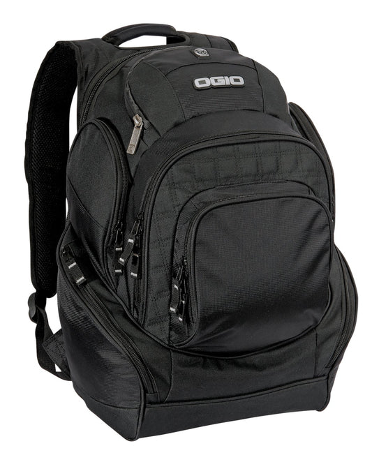 Black OGIO Mastermind Pack backpack with multiple compartments and padded shoulder straps, designed for durability and comfort.