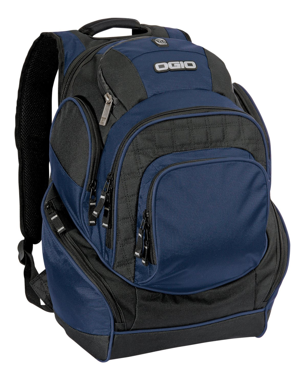 OGIO Mastermind Pack in navy with multiple compartments, padded shoulder straps, and ergonomic design for comfortable carrying.