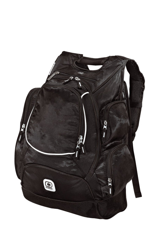 Black OGIO Bounty Hunter pack with multiple compartments and padded shoulder straps, front view showing organized storage pockets.