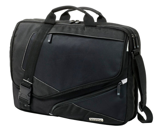 Black OGIO Voyager Messenger bag with adjustable strap and multiple compartments for portable organization.