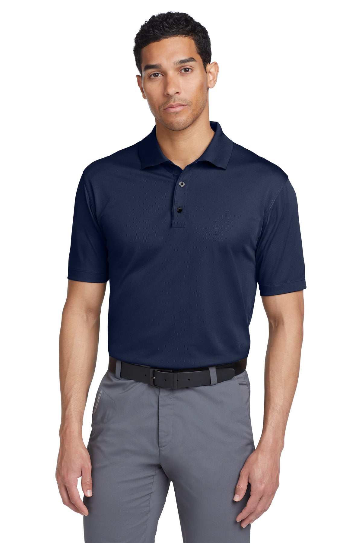 Nike Tech Basic Dri-FIT polo shirt in midnight navy, front view showing lightweight fabric and classic polo collar.