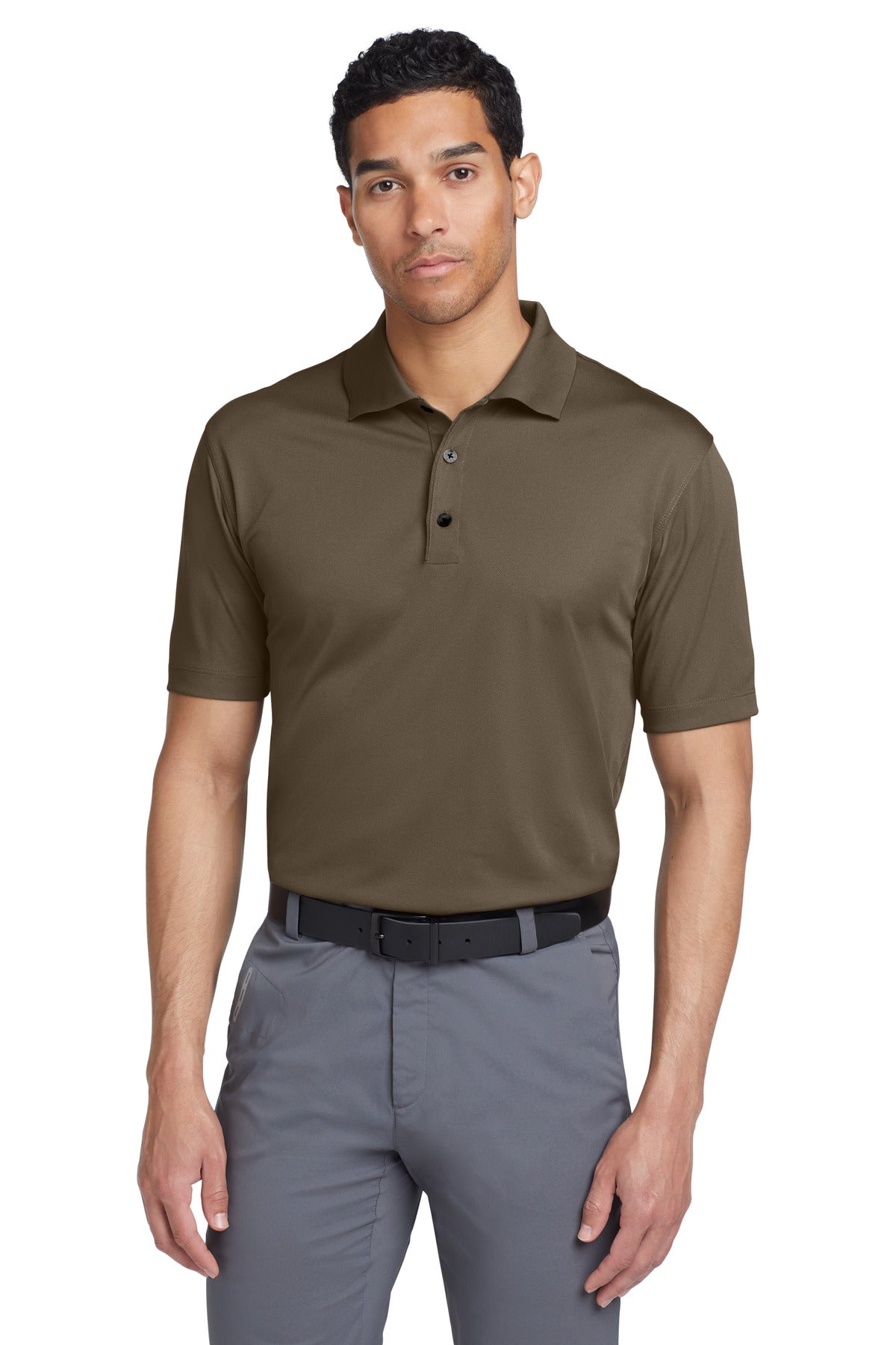 Nike Tech Basic Dri-FIT polo shirt in olive khaki, front view showing lightweight fabric and classic fit.