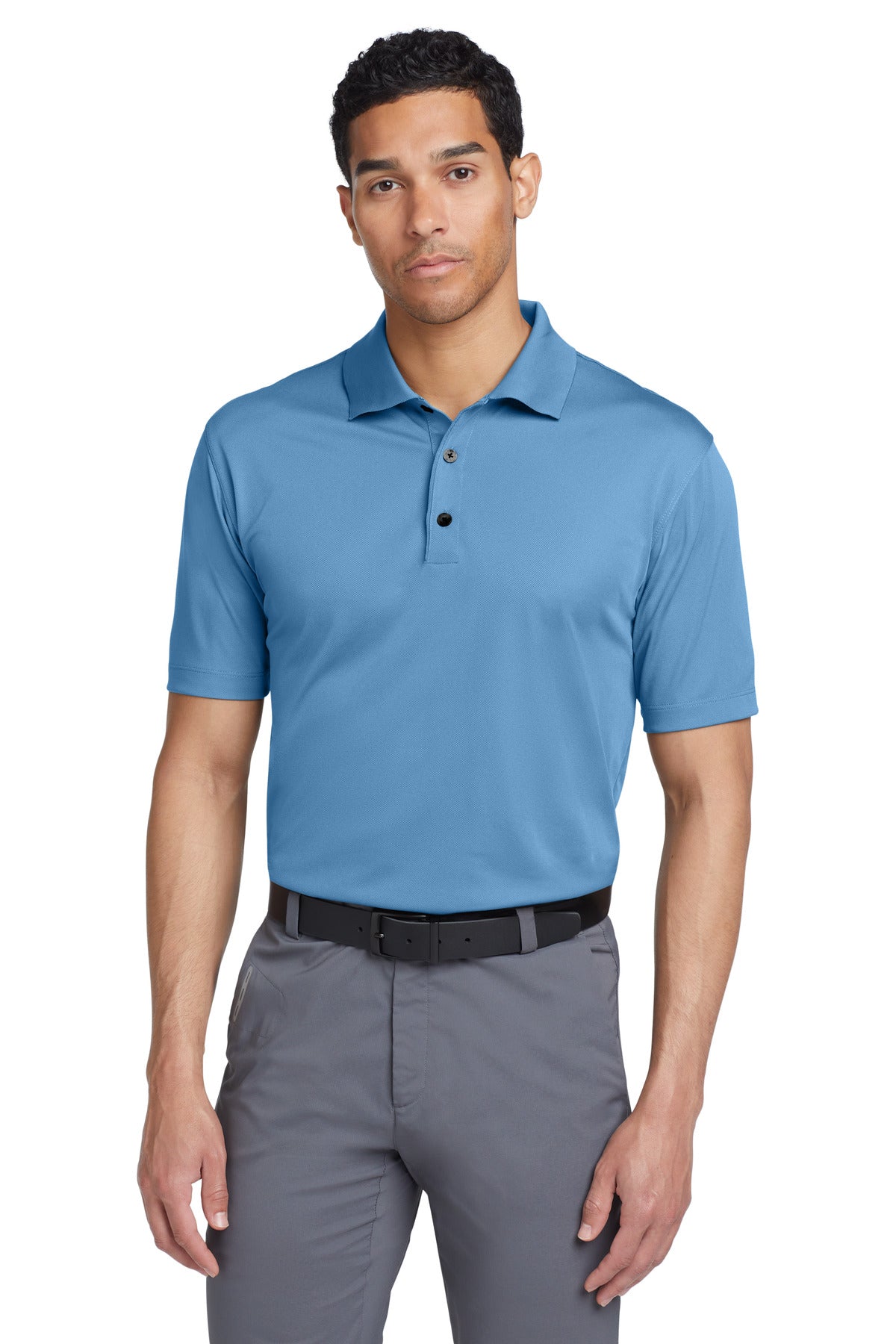 Nike Tech Basic Dri-FIT polo shirt in university blue, front view showing breathable fabric and classic fit.