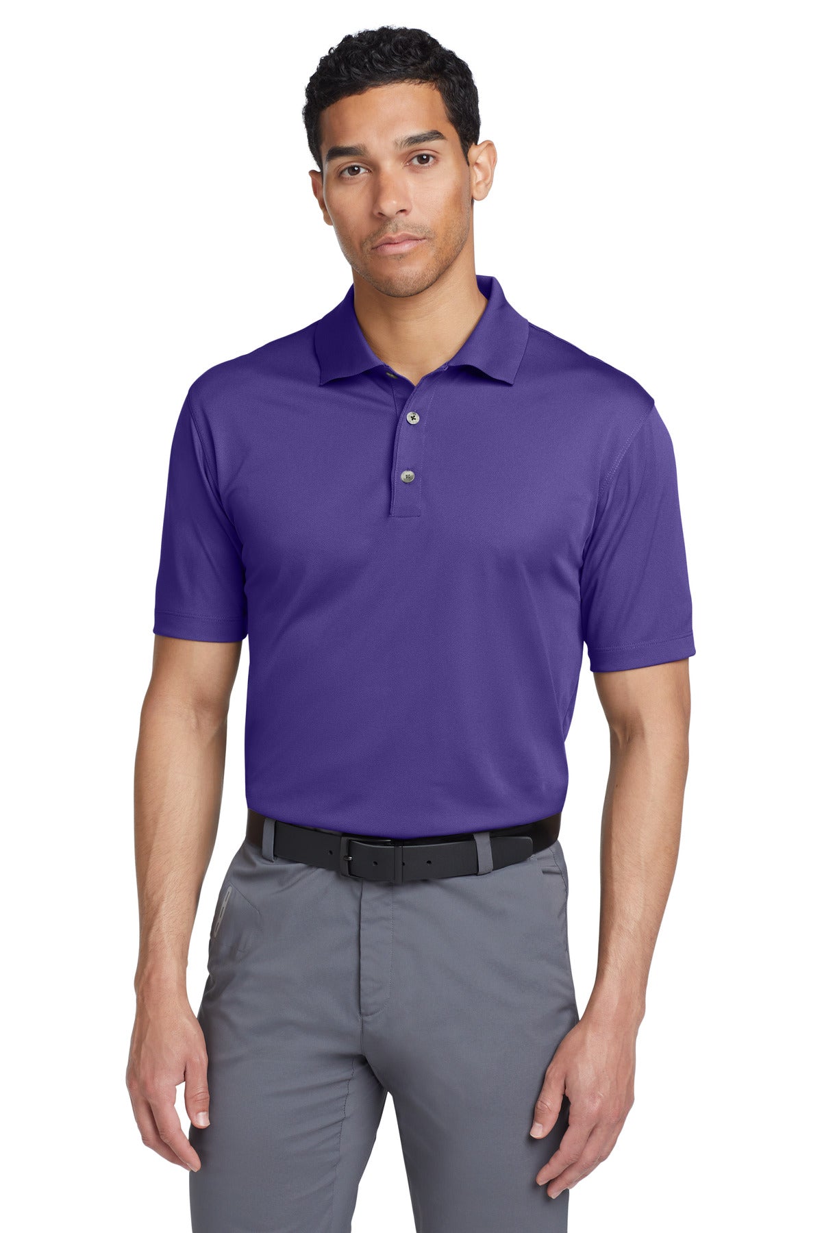 Front view of a Nike Tech Basic Dri-FIT Polo in varsity purple, featuring a classic collar and Nike logo on the chest.