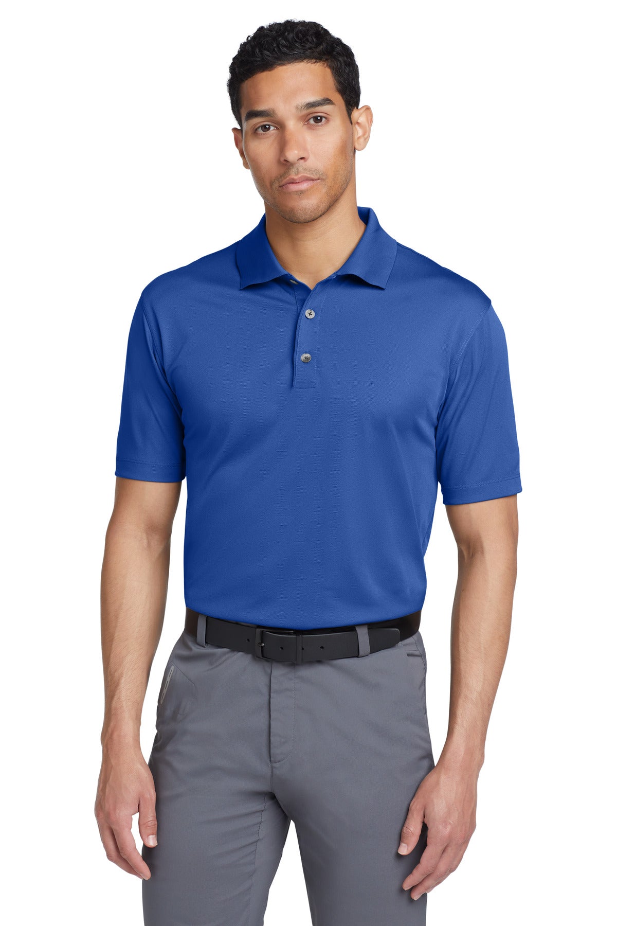 Nike Tech Basic Dri-FIT polo shirt in varsity royal color, front view showing lightweight, breathable fabric and classic polo design.