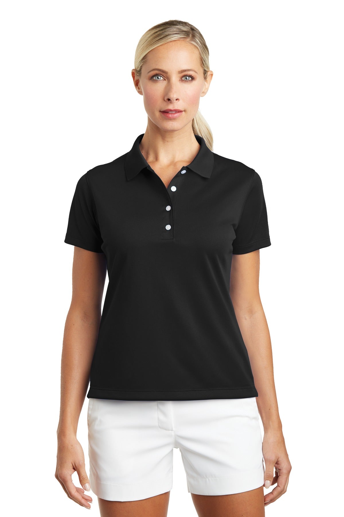 Nike Women's Tech Basic Dri-FIT Polo in black, front view showing lightweight fabric and classic polo design.