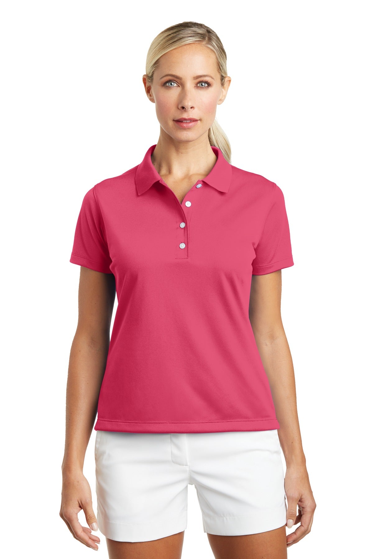 Nike Women's Tech Basic Dri-FIT polo shirt in flamingo pink, front view showing breathable fabric and classic collar style.