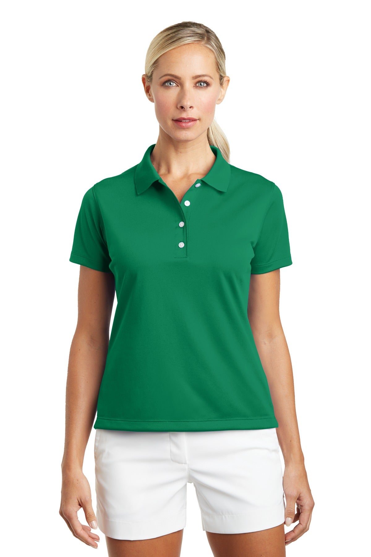 Nike Women's Tech Basic Dri-FIT Polo in Lucky Green, front view showing breathable fabric and classic polo collar.