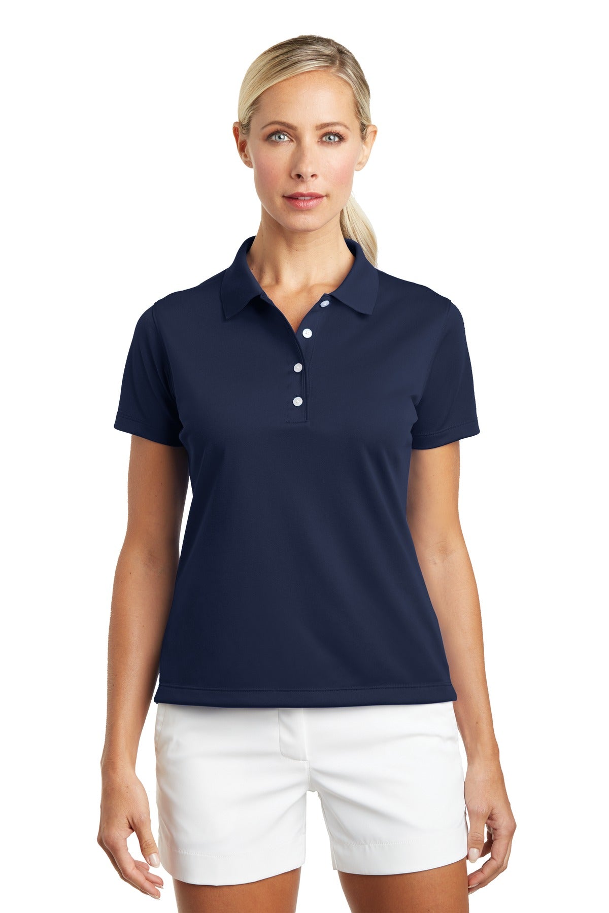 Nike Women's Tech Basic Dri-FIT Polo in midnight navy, front view showing lightweight, breathable fabric and classic fit.