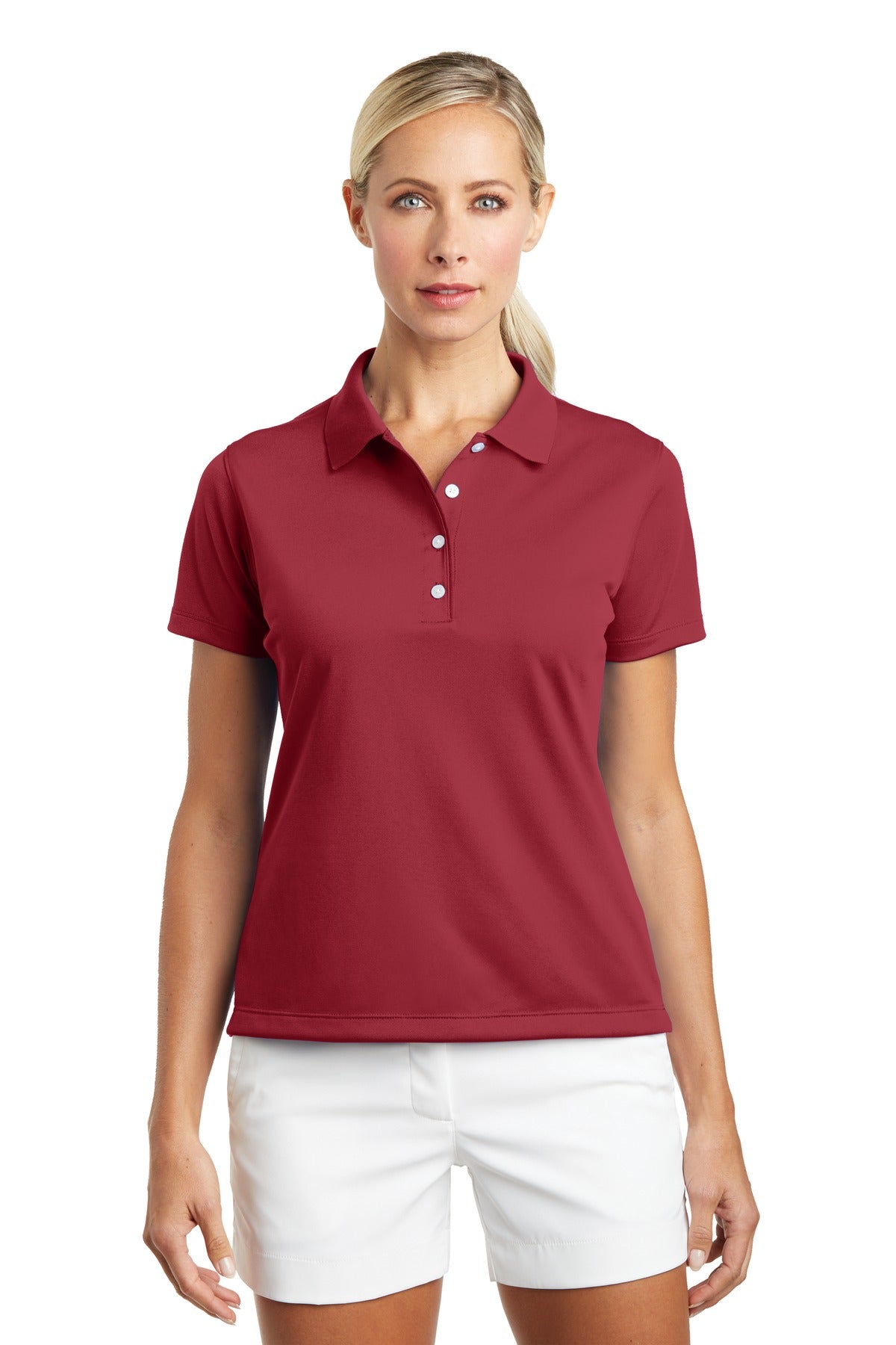 Nike Women's Tech Basic Dri-FIT Polo in red, front view, showcasing breathable fabric and classic polo collar.