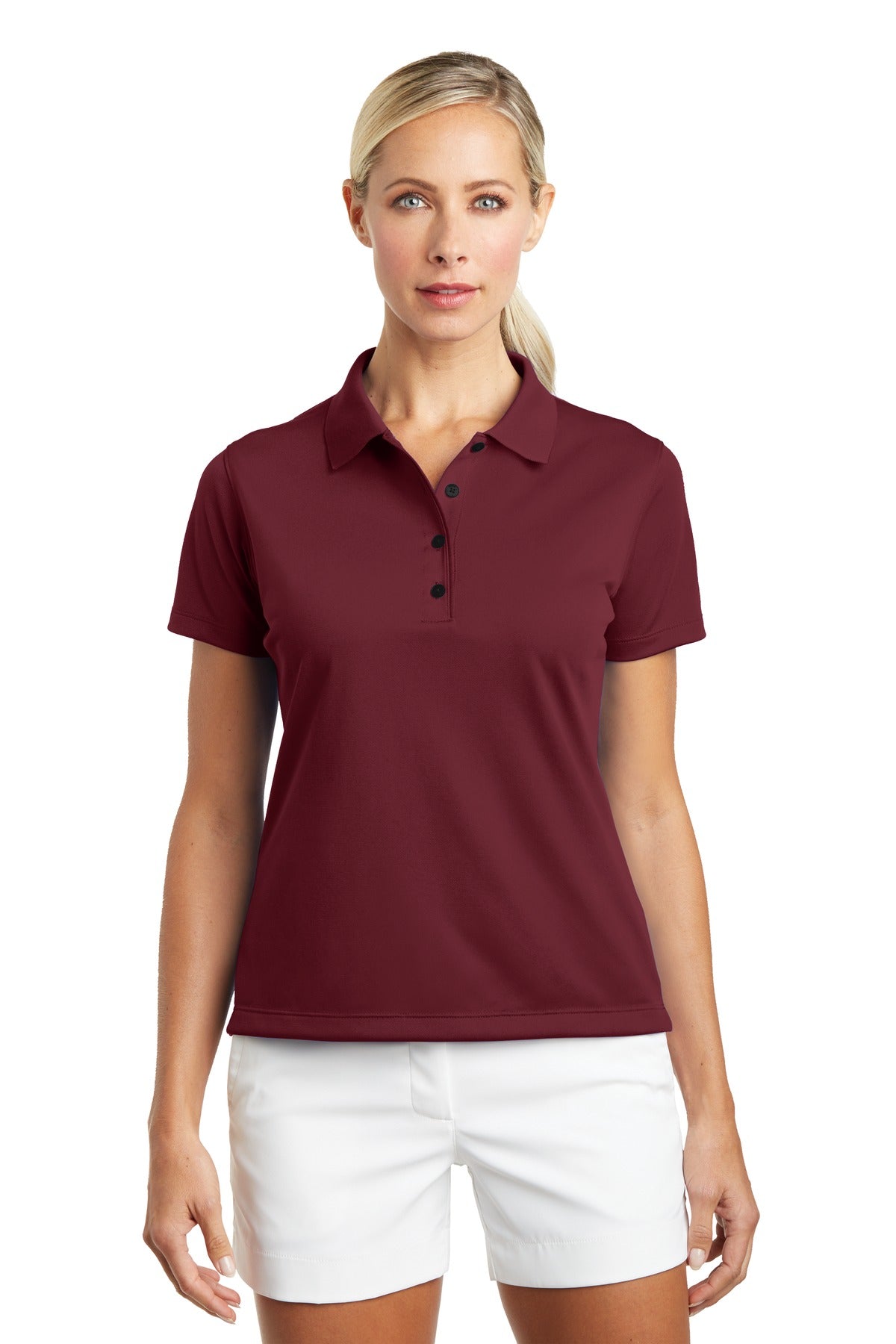 Nike Women's Tech Basic Dri-FIT Polo in team red, front view showing breathable fabric and classic polo collar.