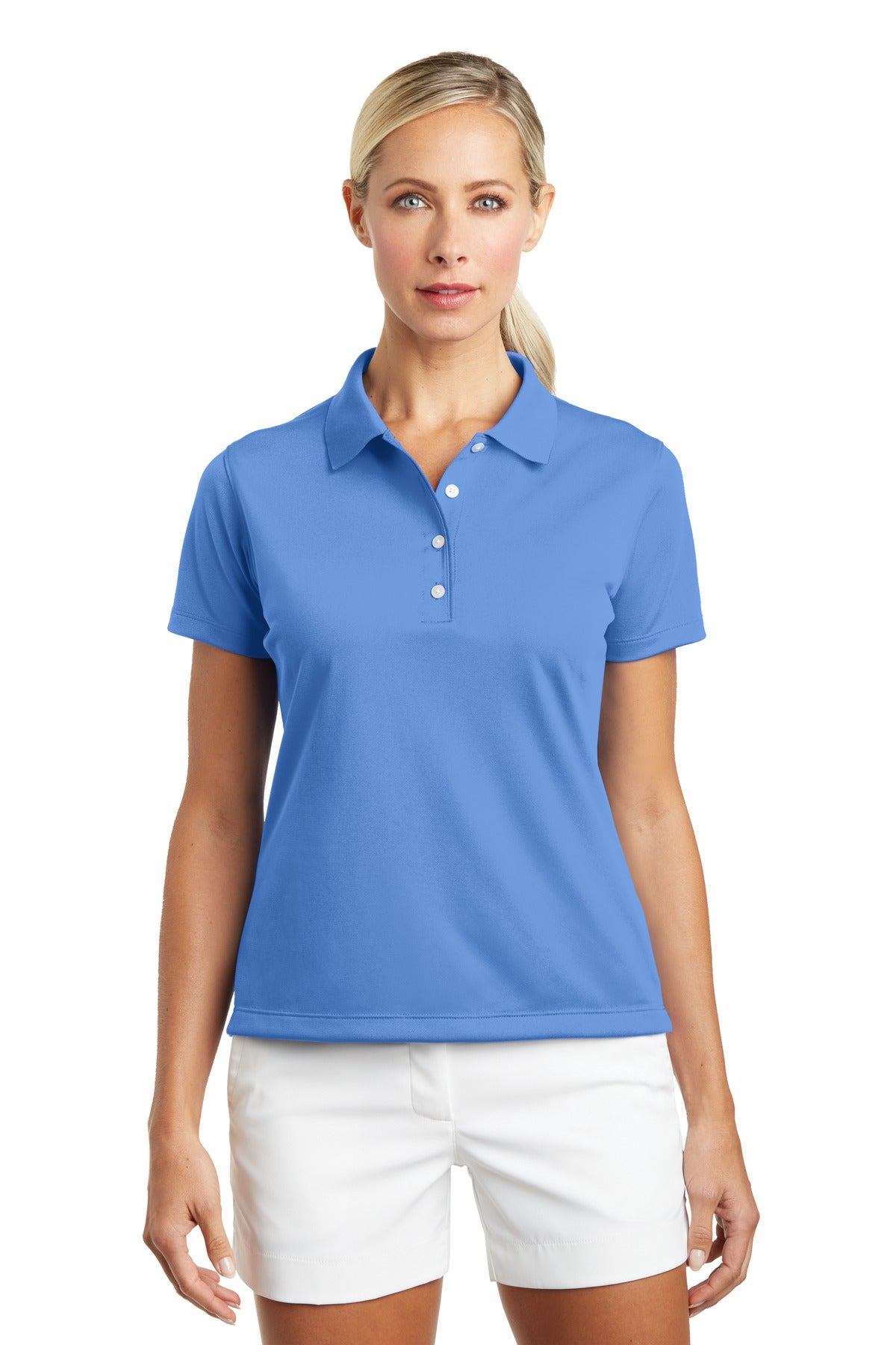 Nike Women's Tech Basic Dri-FIT Polo in university blue, front view showing breathable fabric and classic polo design.
