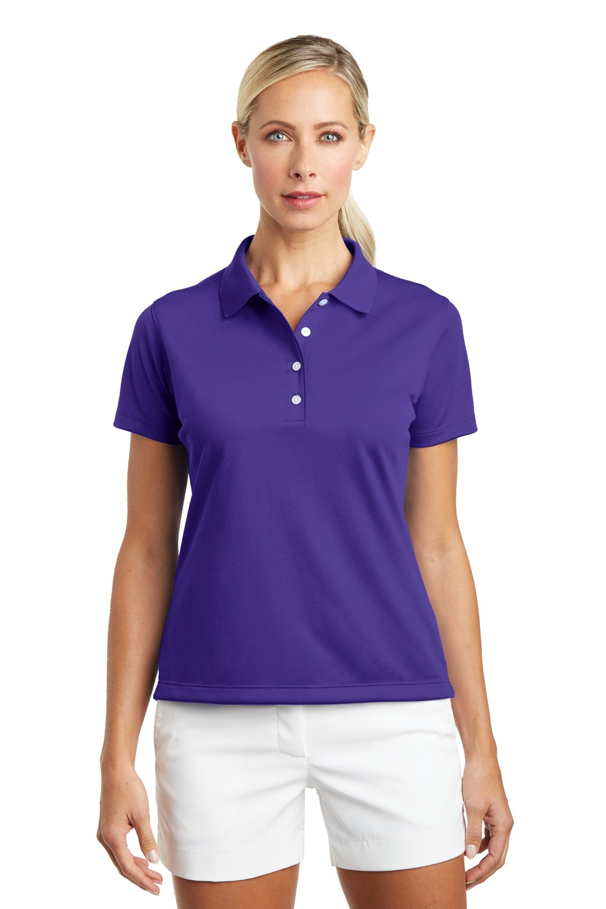 Nike Women's Tech Basic Dri-FIT Polo in varsity purple, front view showing breathable fabric and classic polo design.