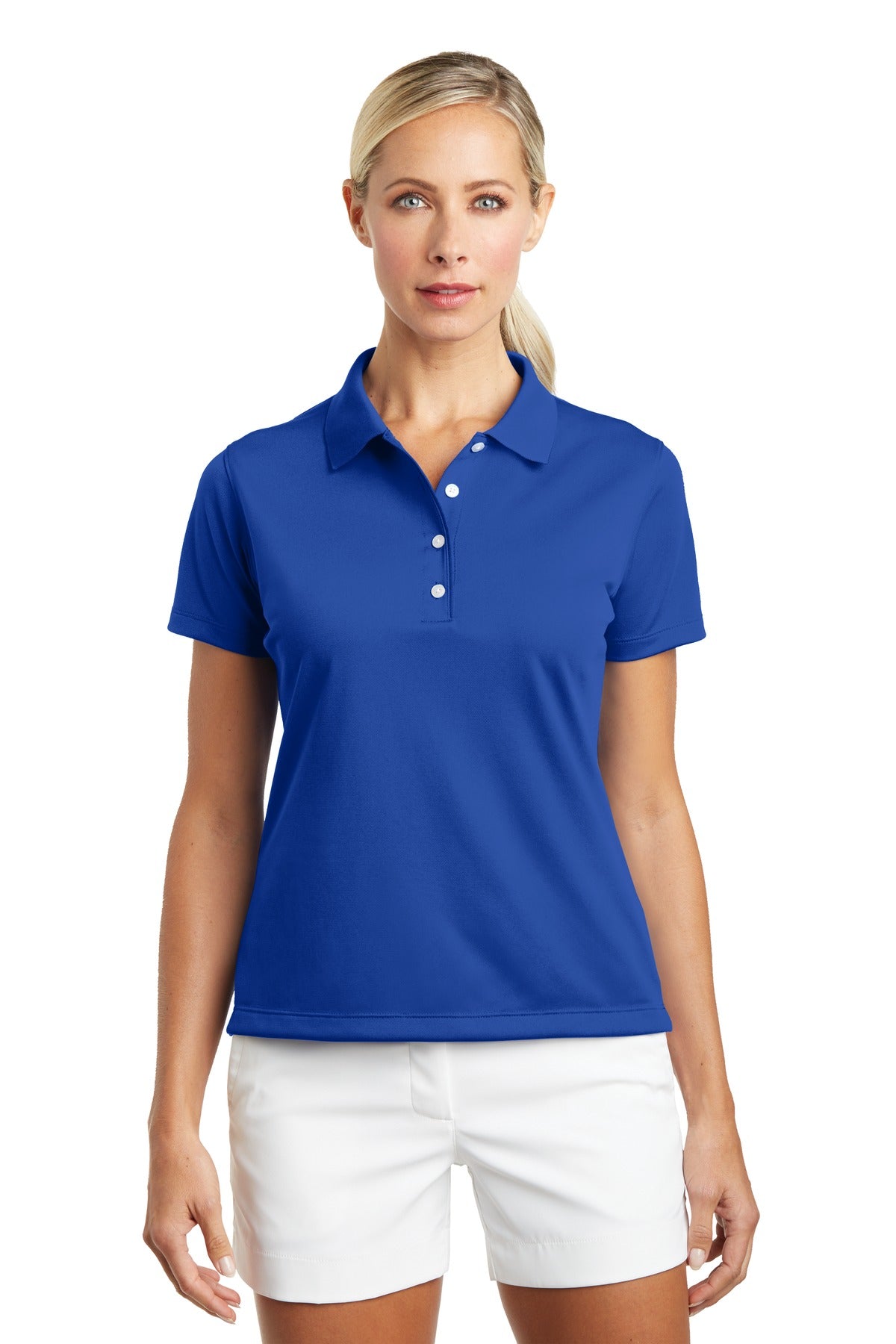 Nike Women's Tech Basic Dri-FIT Polo in varsity royal, front view showing short sleeves and polo collar.