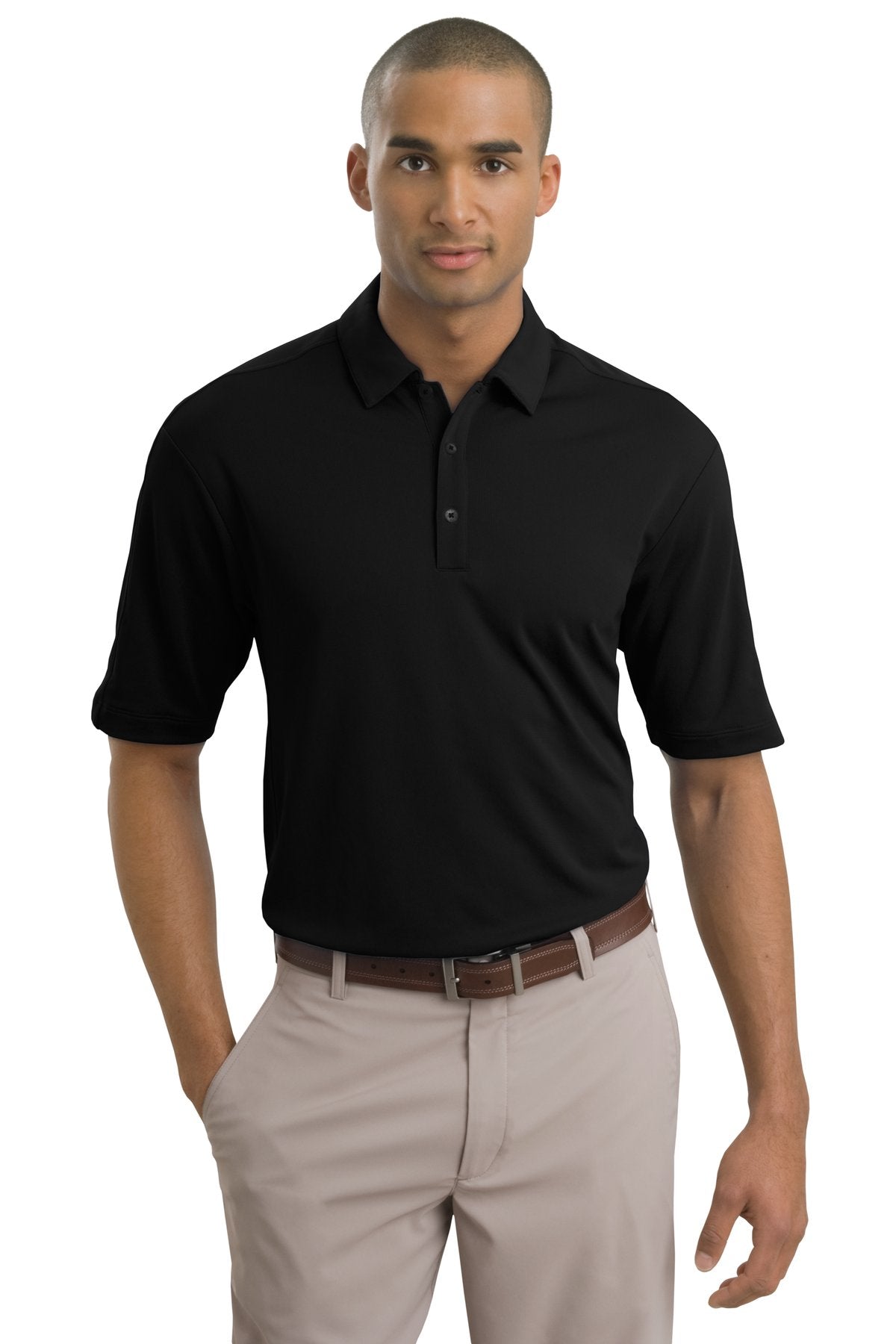 Black Nike Tech Sport Dri-FIT polo shirt with front view, showcasing athletic fit and sleek design.