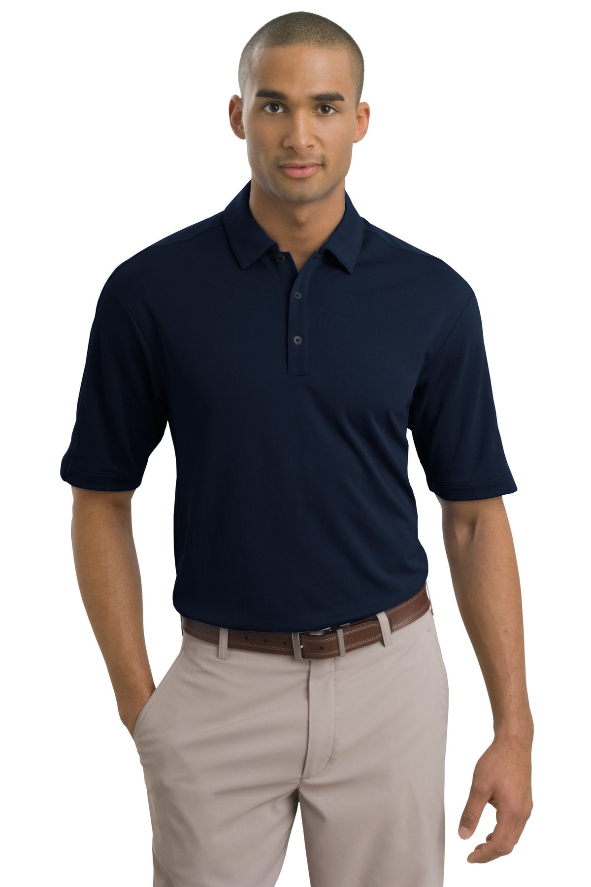 Navy Nike Tech Sport Dri-FIT polo shirt displayed from the front, featuring a classic polo collar and Nike logo on the chest.