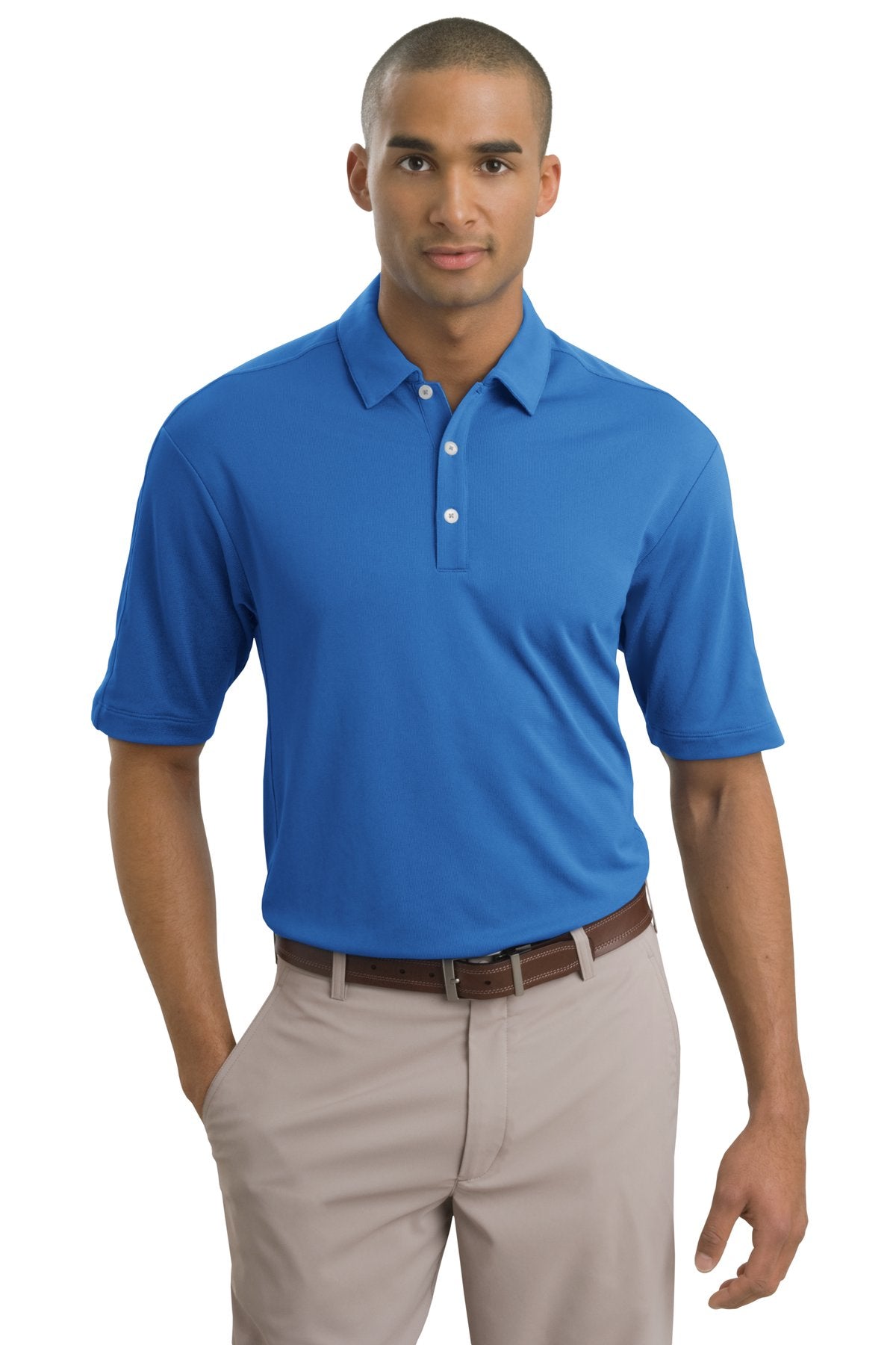 Nike Tech Sport Dri-FIT polo in Pacific Blue, front view showing breathable fabric and sporty fit.