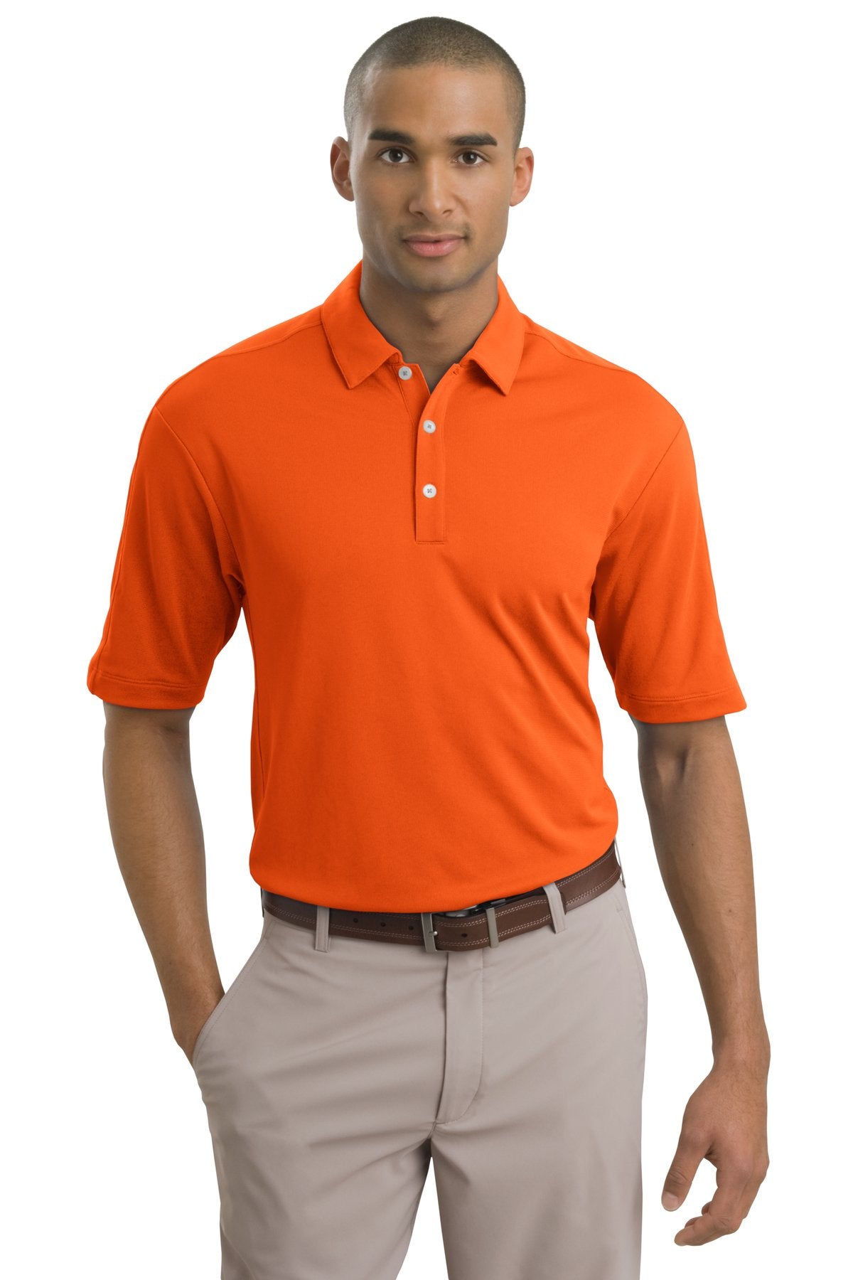 Nike Tech Sport Dri-FIT polo shirt in solo orange, front view showing lightweight fabric and athletic fit.