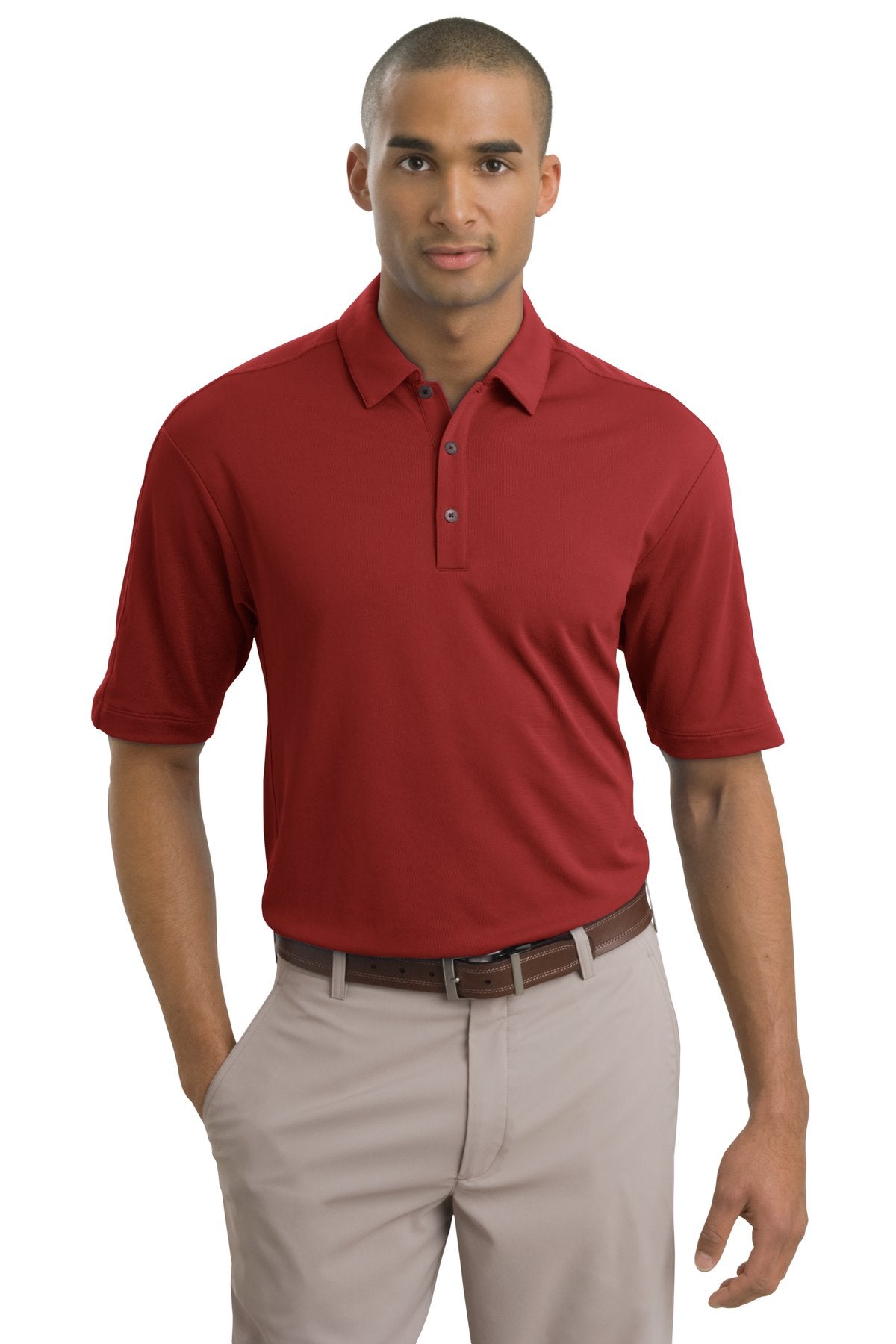 Nike Tech Sport Dri-FIT polo shirt in team red, front view showing breathable fabric and athletic fit for active wear.