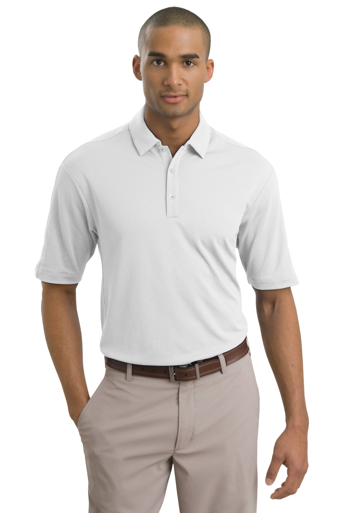 Nike Tech Sport Dri-FIT Polo in white, front view showing lightweight fabric and classic collar design.