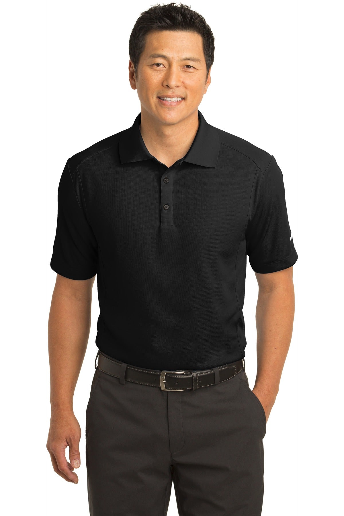 Black Nike Dri-FIT Classic Polo shirt worn by a model, front view showcasing the athletic fit and breathable fabric.
