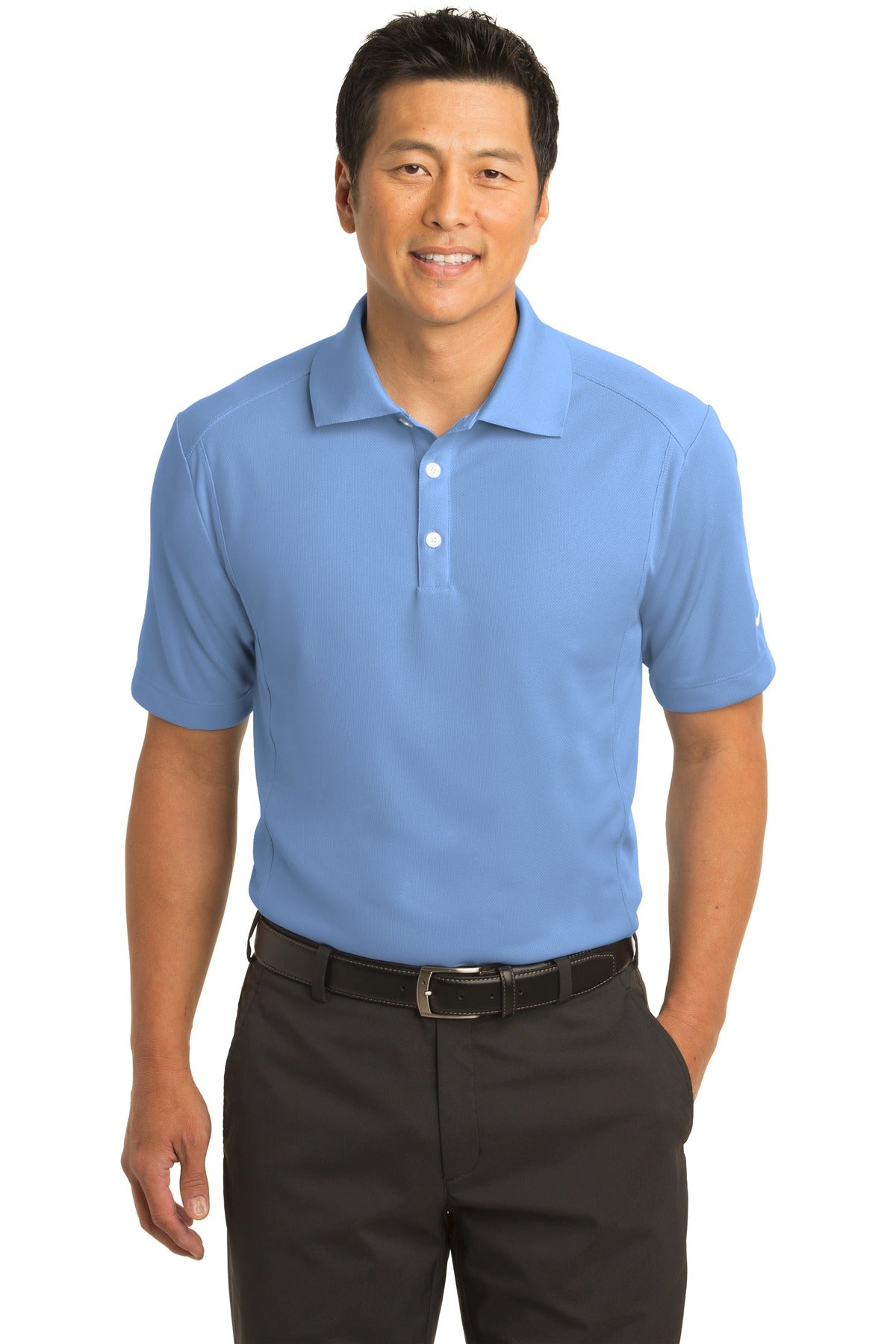 Light blue Nike Dri-FIT Classic Polo shirt worn by a model, front view showing the Nike logo and polo collar.