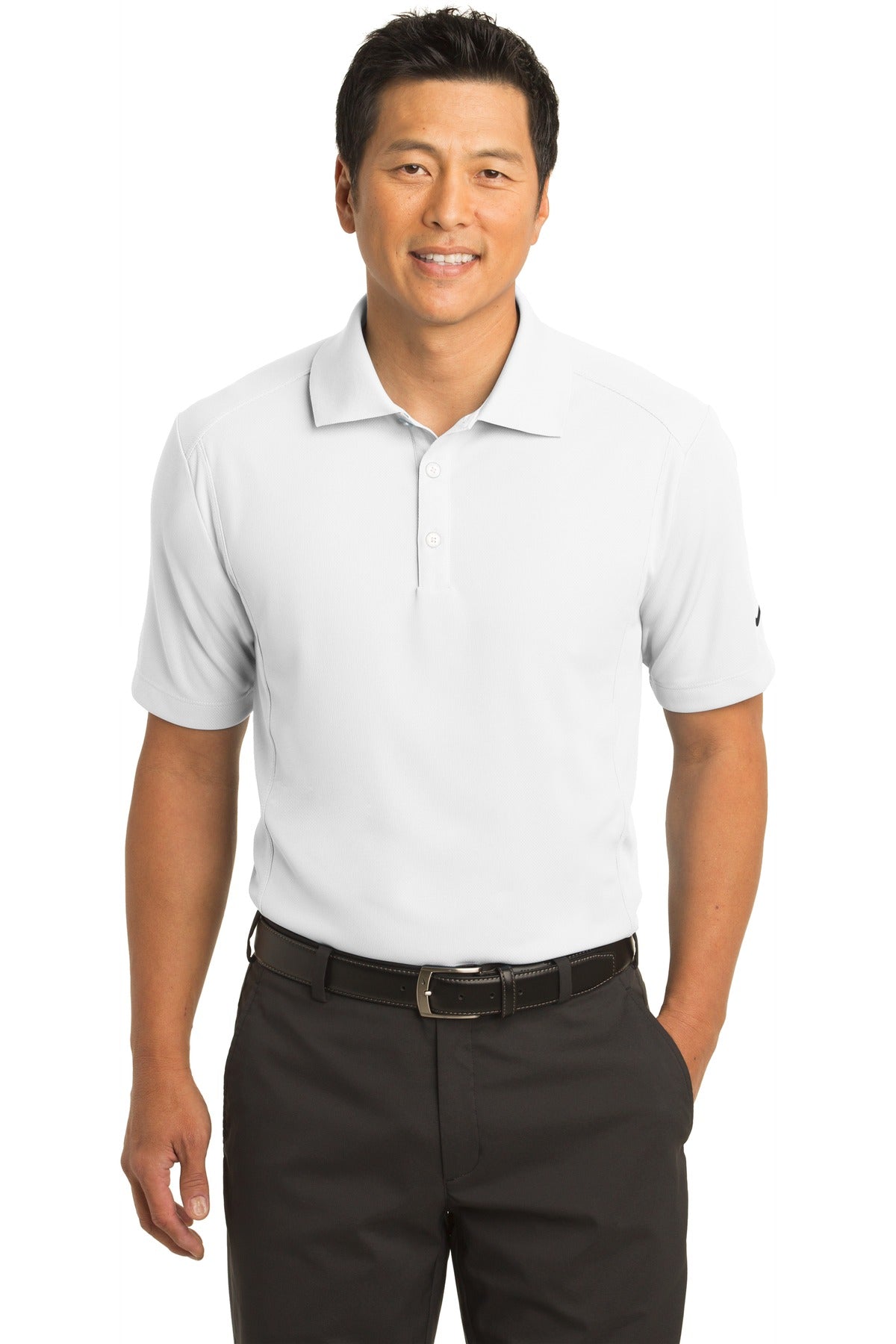 White Nike Dri-FIT Classic Polo shirt worn by a model, front view showing the polo collar and Nike logo.