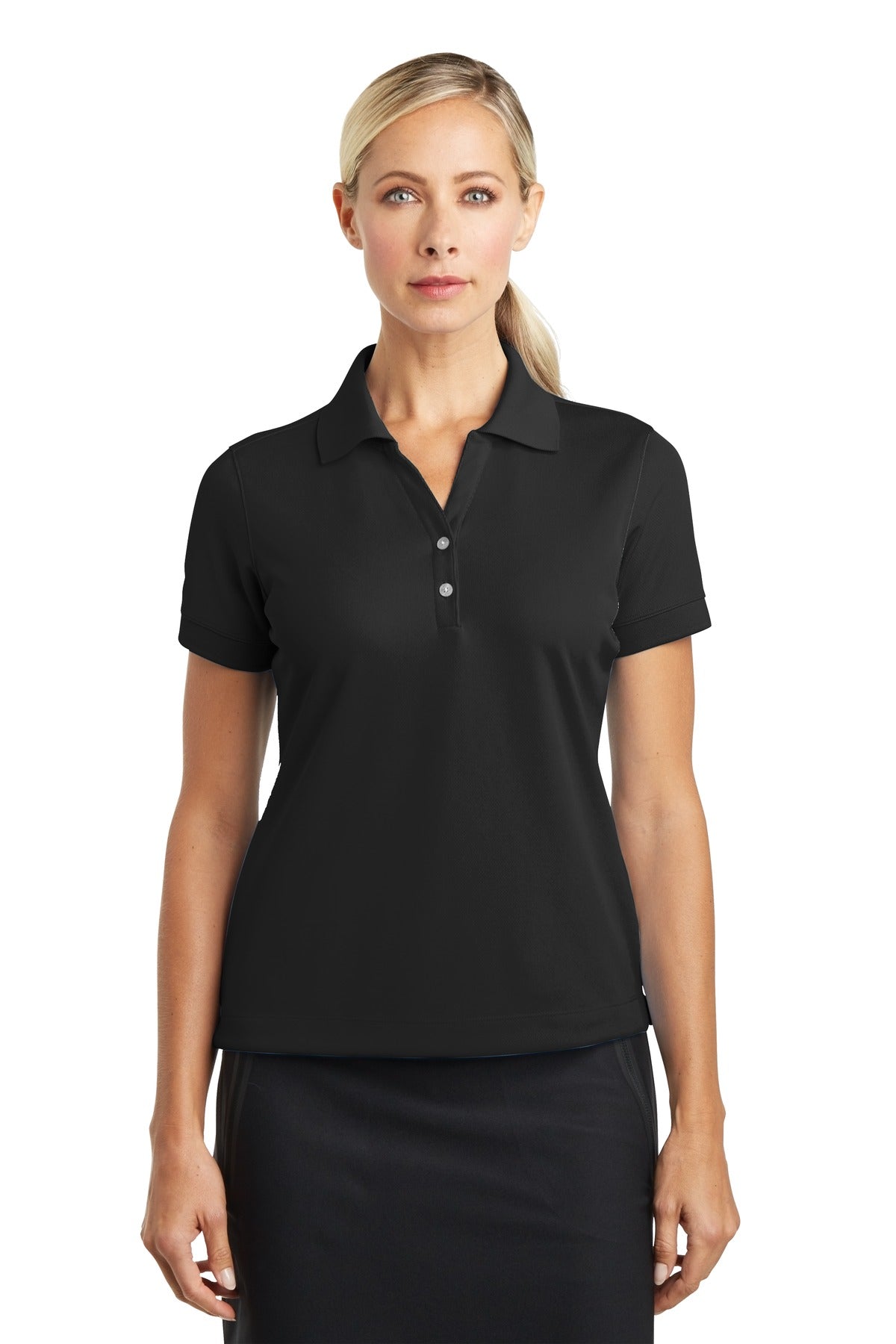 Nike Women's Dri-FIT Classic Polo in black, featuring a collared design and Nike logo on the front, shown from the front view.