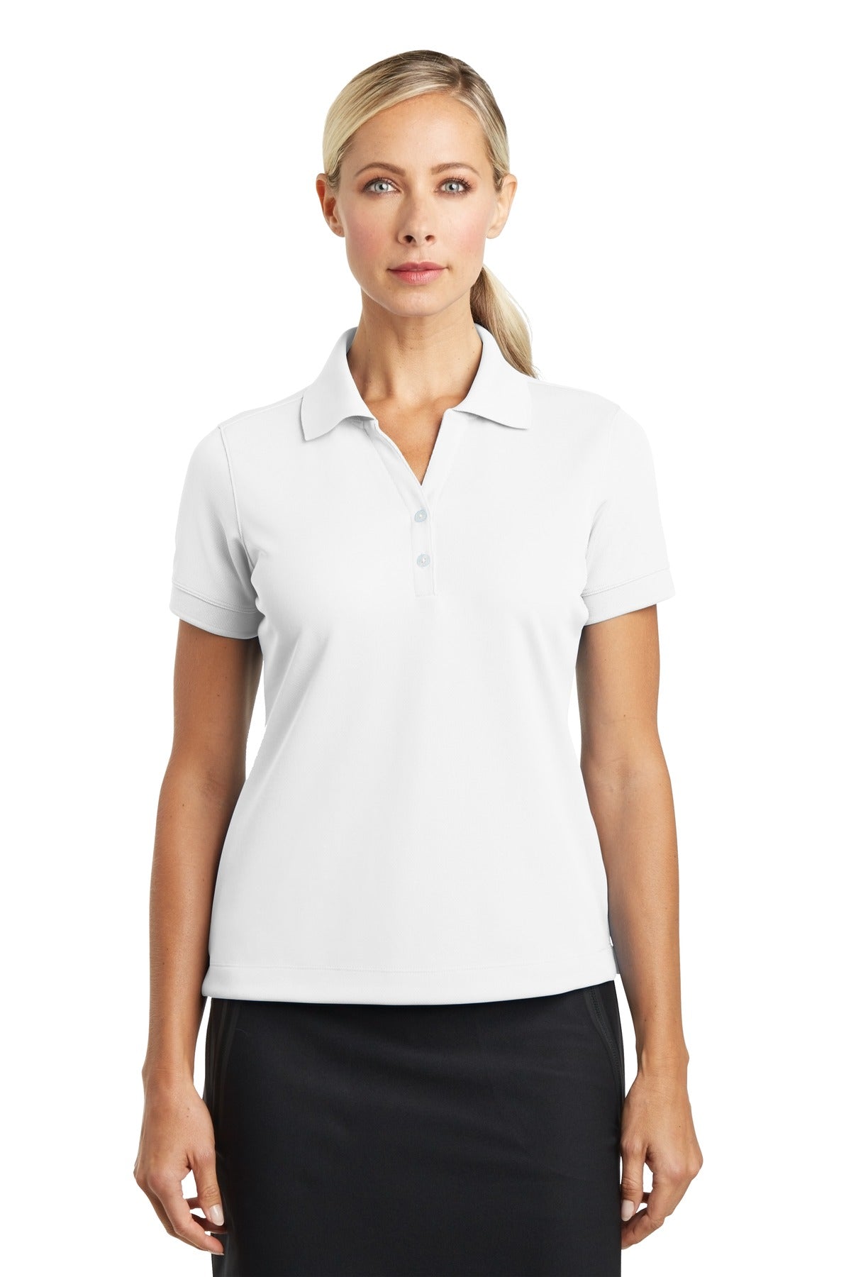 White Nike Women's Dri-FIT Classic Polo shirt worn by a model, front view highlighting the polo collar and Nike logo.