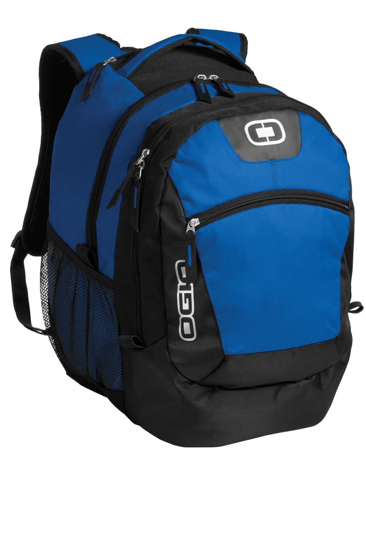 OGIO Rogue Pack in royal blue, showing a spacious design with multiple compartments and padded shoulder straps for comfort.