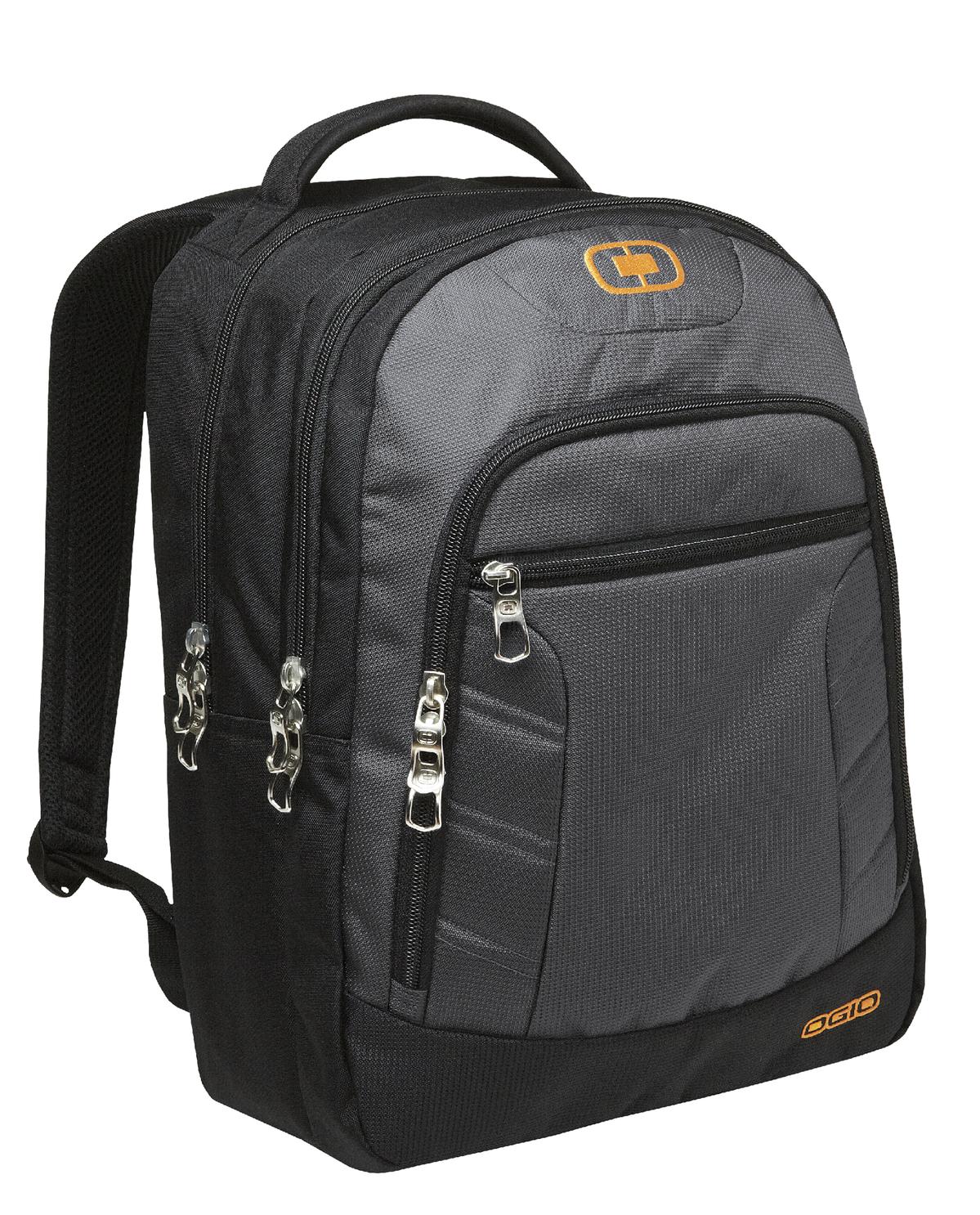 OGIO Colton Pack in Diesel Grey and Orange with multiple compartments and padded straps for comfortable carrying.