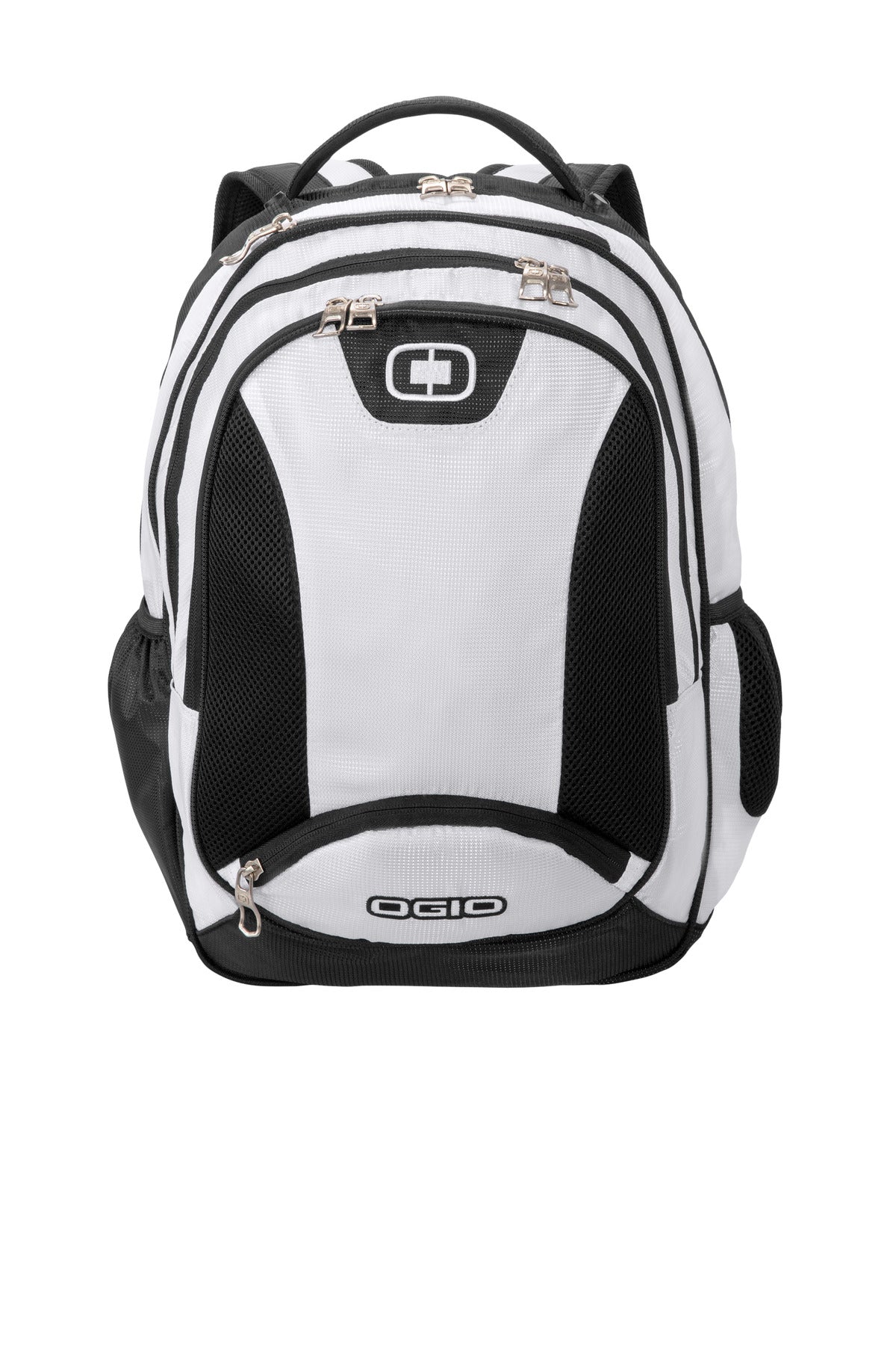 OGIO Bullion Pack in white, black, and silver with multiple compartments and sleek design, ideal for travel and everyday use.