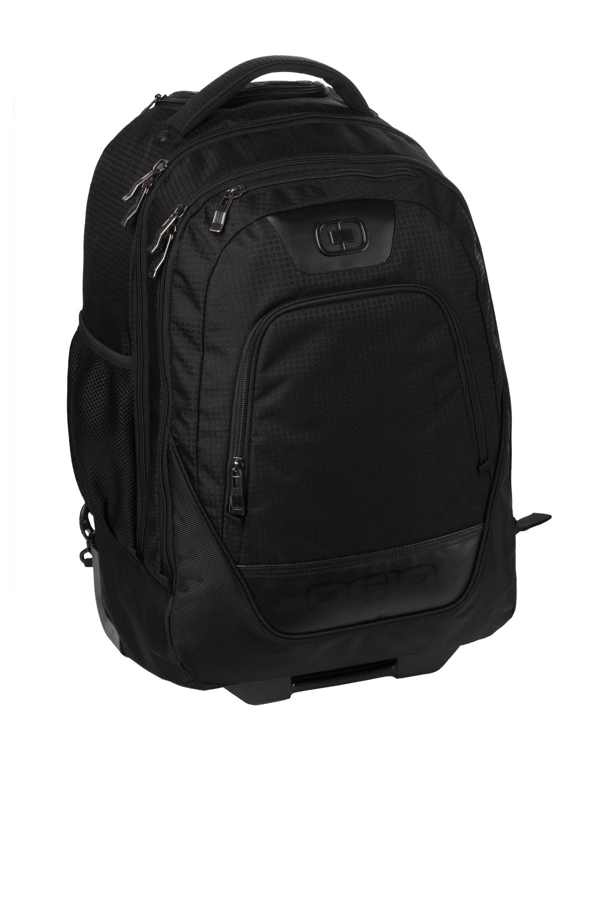 OGIO Wheelie Pack travel luggage in black, showing flat front view with wheels and handle for easy travel and storage.