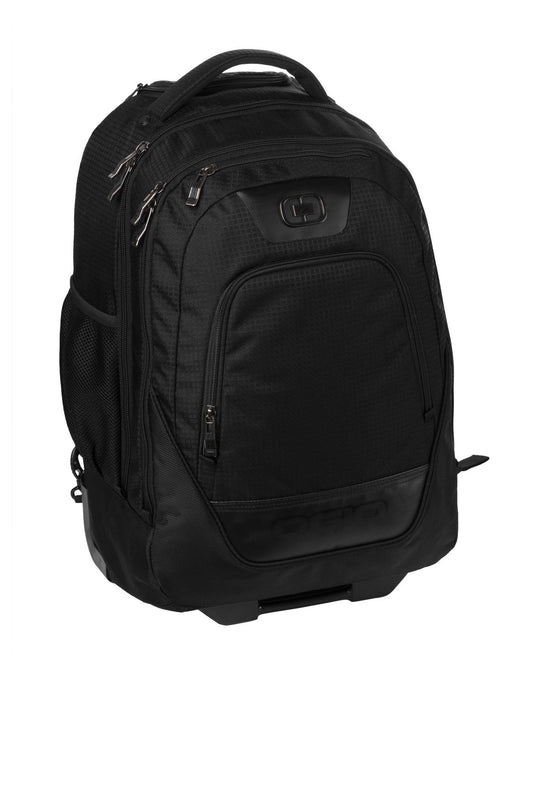 OGIO Wheelie Pack travel luggage in black, showing flat front view with wheels and handle for easy travel and storage.