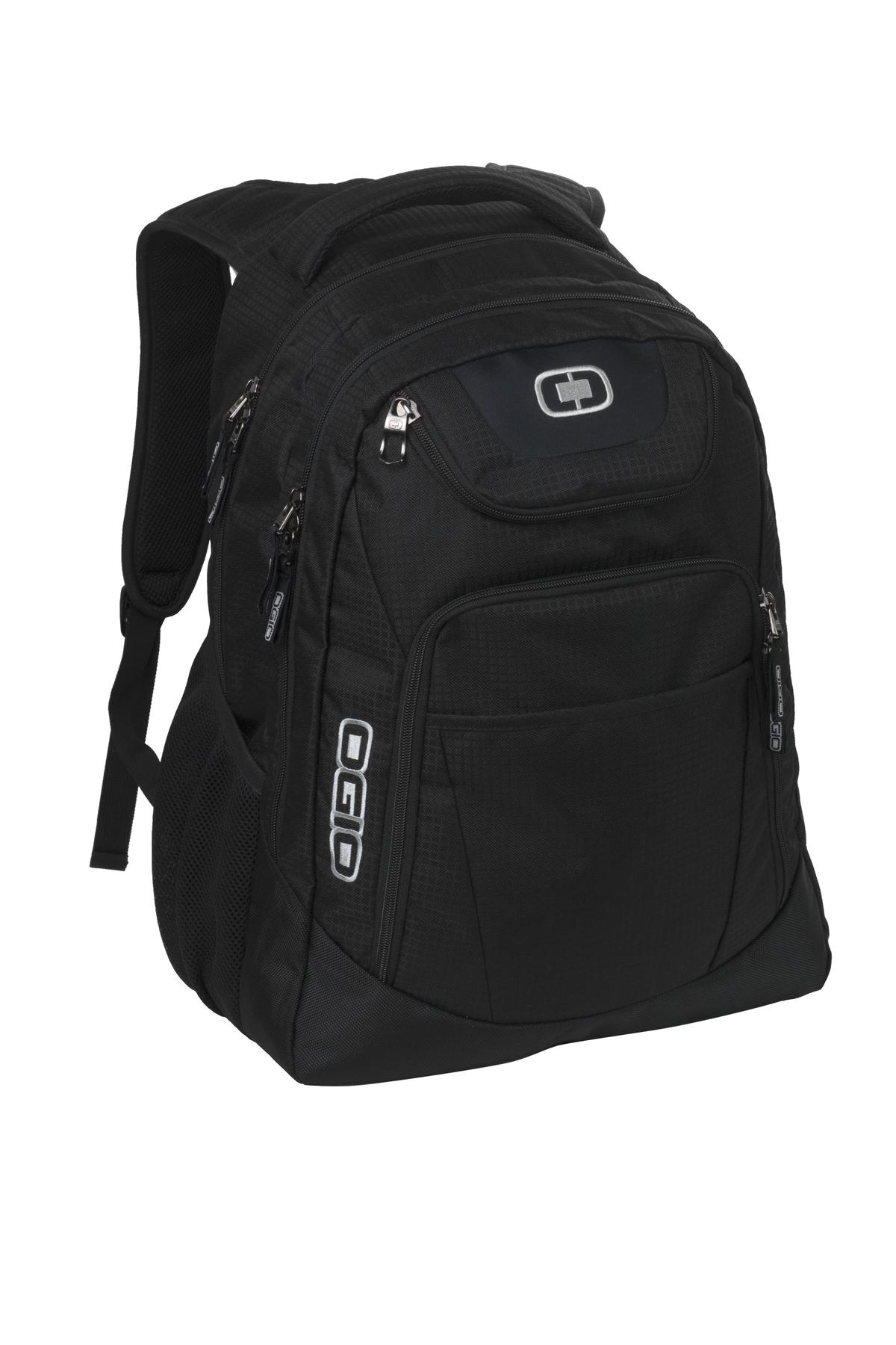OGIO Excelsior backpack in black and silver with flat front design, featuring multiple compartments and padded shoulder straps.