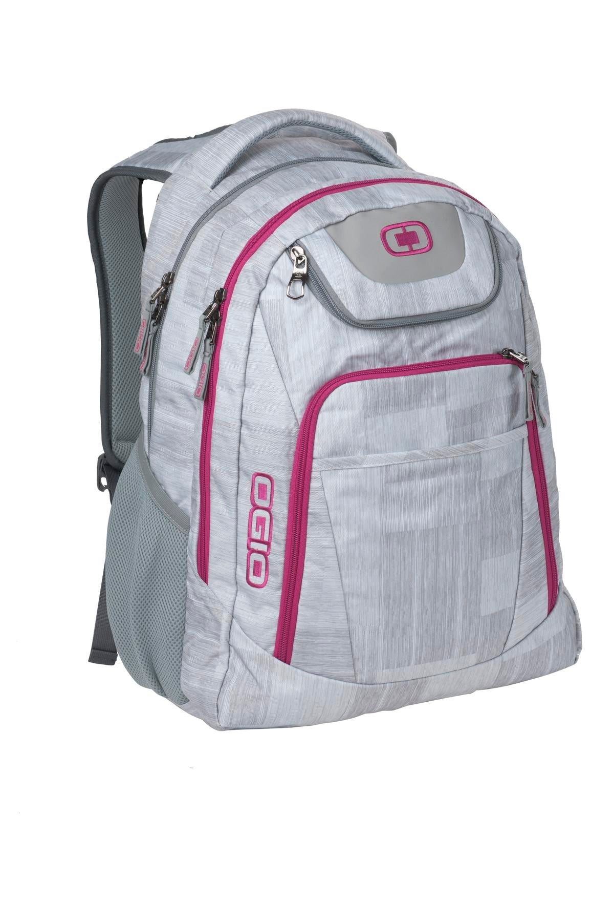 OGIO Excelsior Pack in Blizzard Pink laid flat, showcasing its sleek design and durable fabric for everyday use.